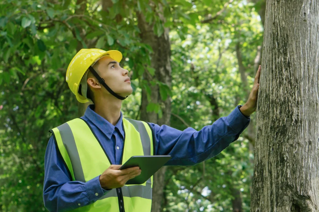environment engineer using tablet to study tree for tree risk assessment