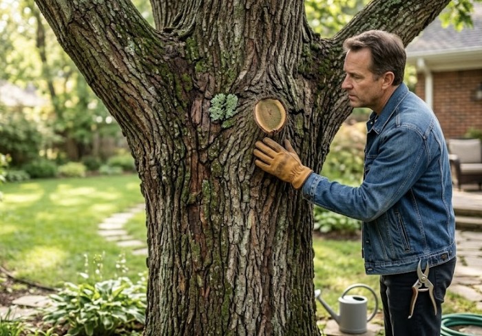 homeowner inspecting tree in backyard