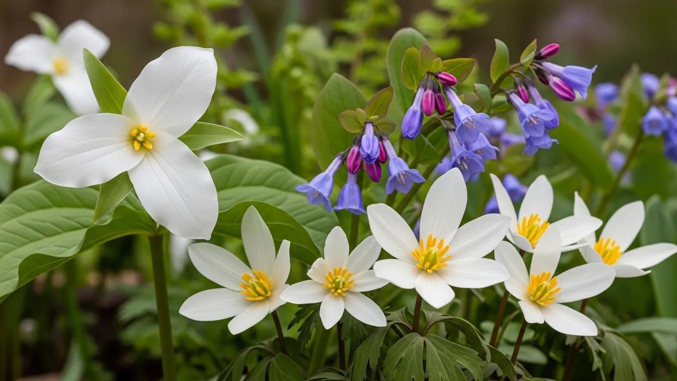 Close-up of native spring flowers Trillium, Virginia Bluebell, and Bloodroot