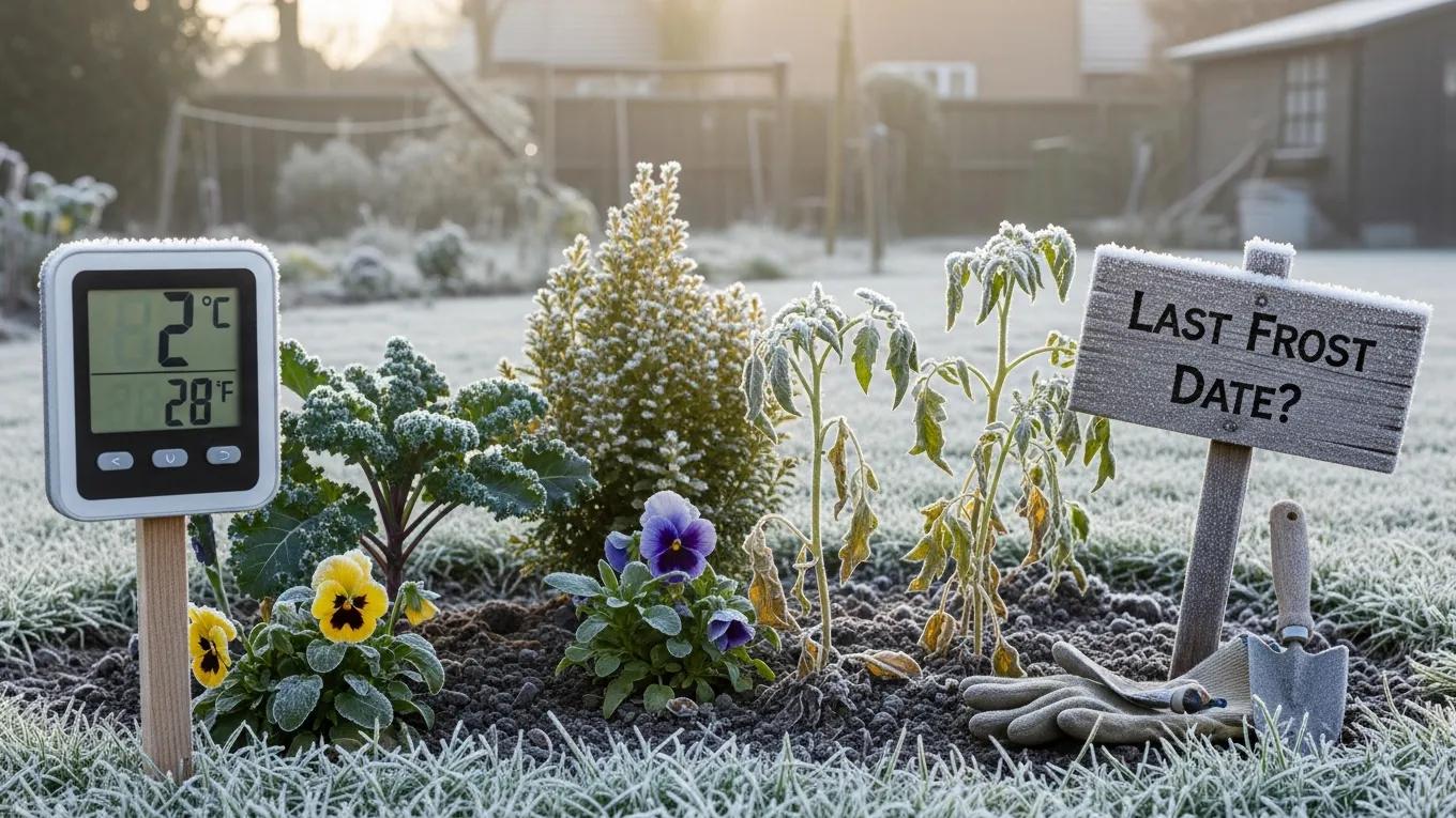 Garden covered in frost with thermometer, highlighting frost dates