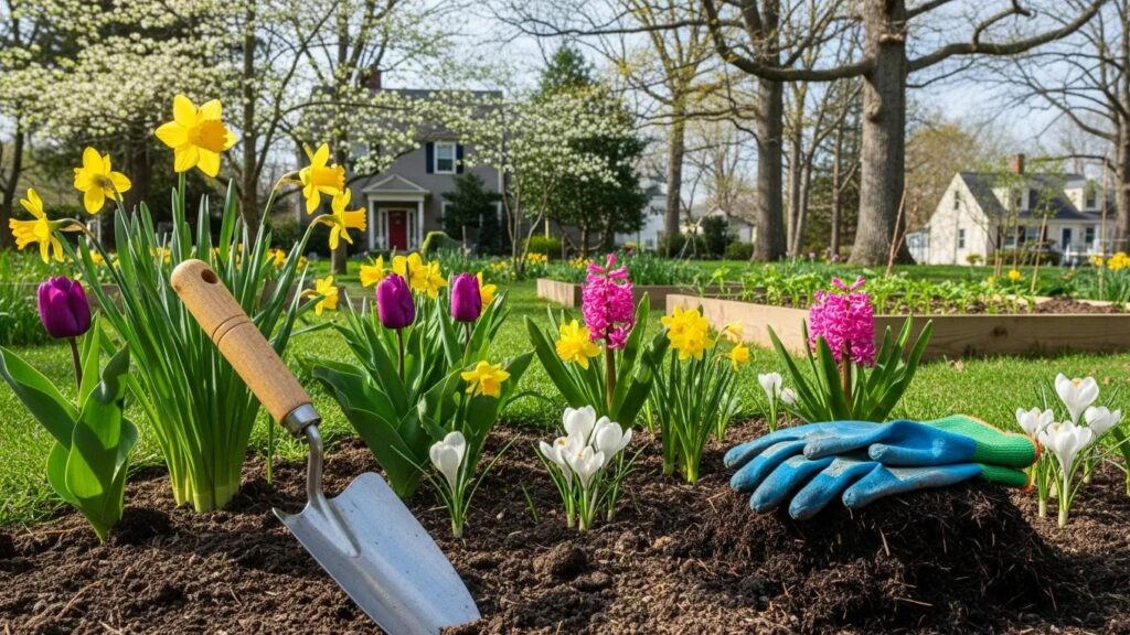 Vibrant spring garden with blooming flowers and soil preparation tools