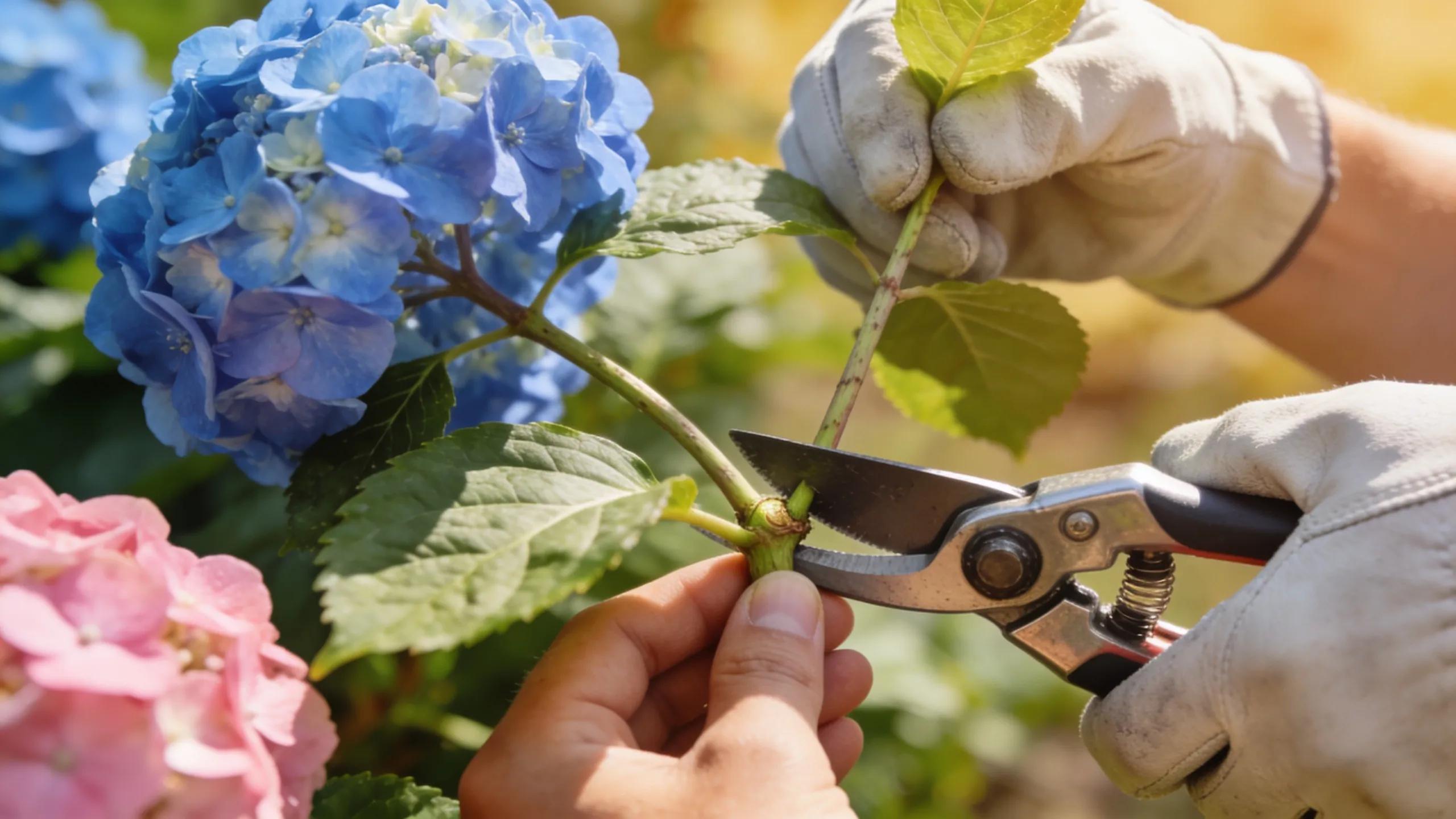 Gardener pruning hydrangeas, illustrating the significance of proper pruning for enhancing bloom production