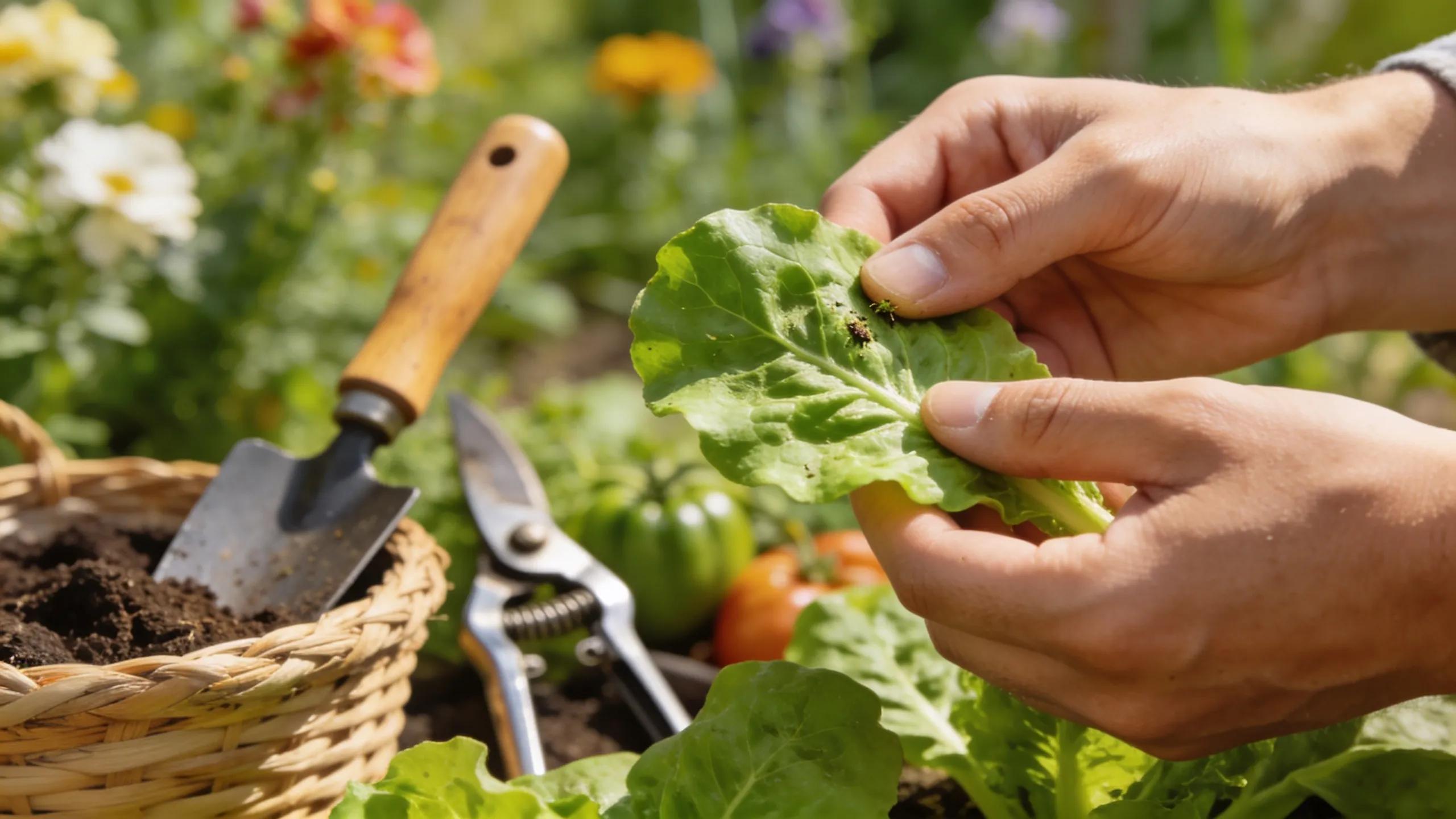 Gardener inspecting vegetable plants for pests in a New Jersey garden