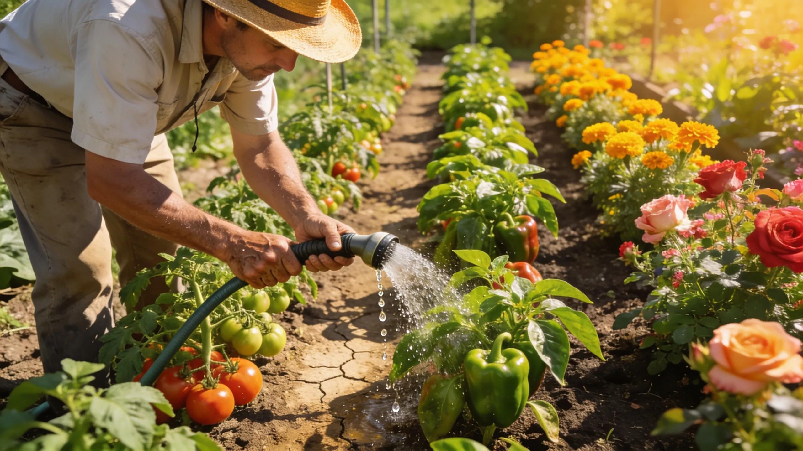Gardener watering summer garden with vibrant flowers and vegetables