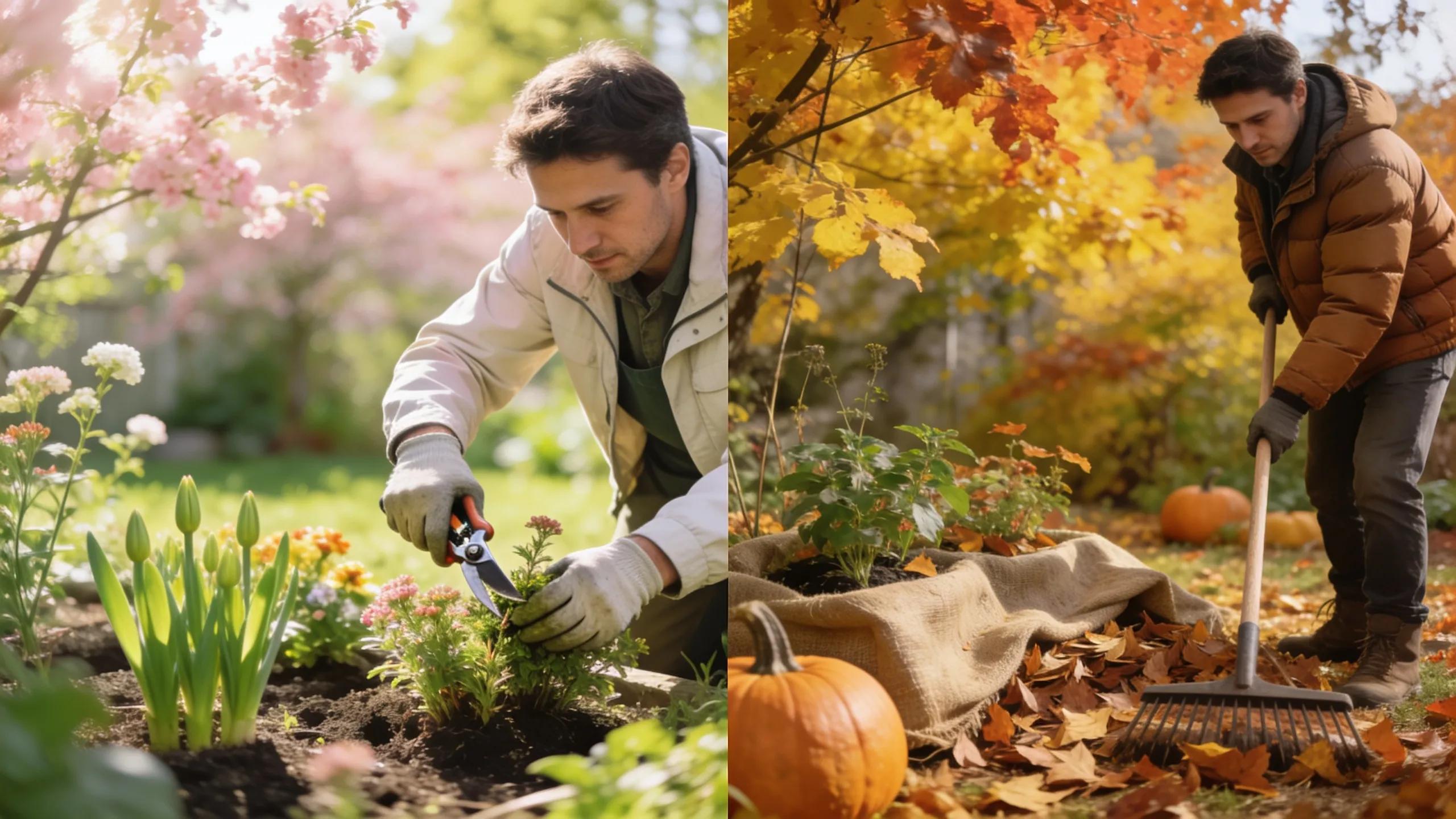 Gardener pruning perennials in spring and preparing plants for winter in autumn