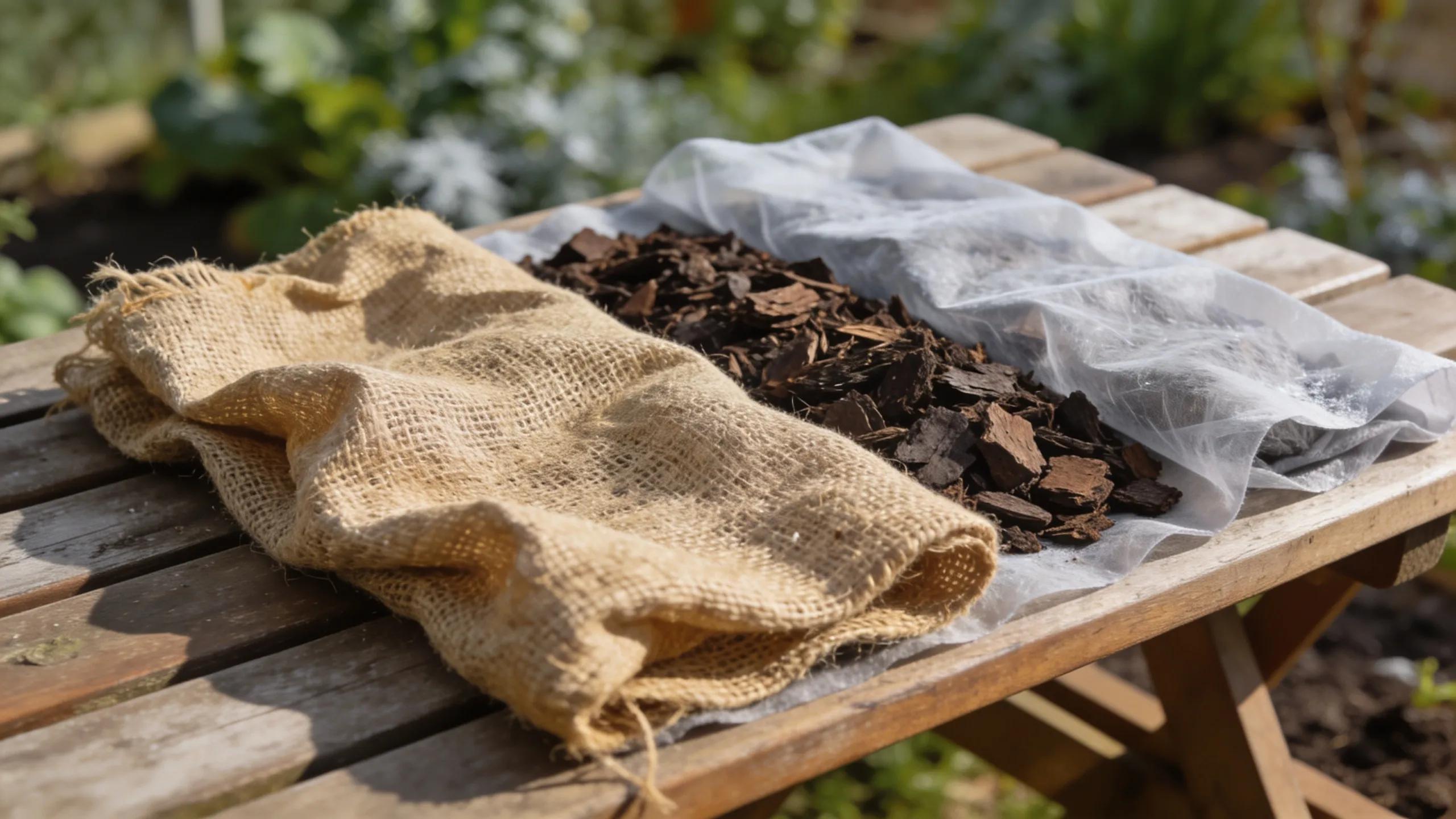 Close-up of winter protection materials including burlap, mulch, and frost cloth