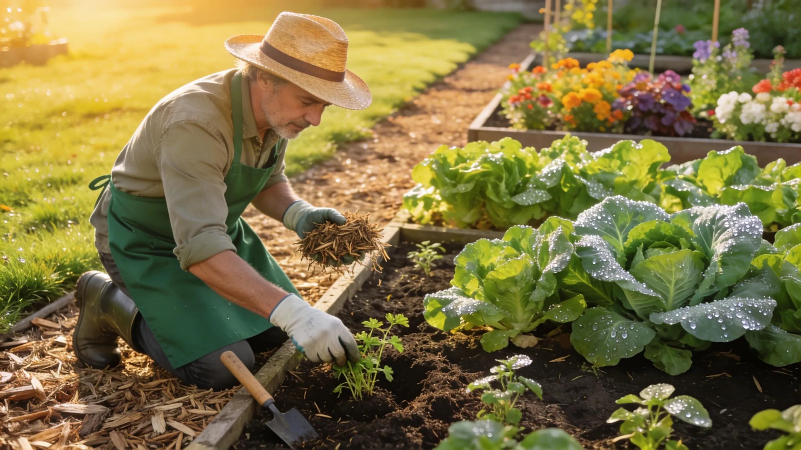 Gardener maintaining a garden bed with vibrant plants and effective care practices