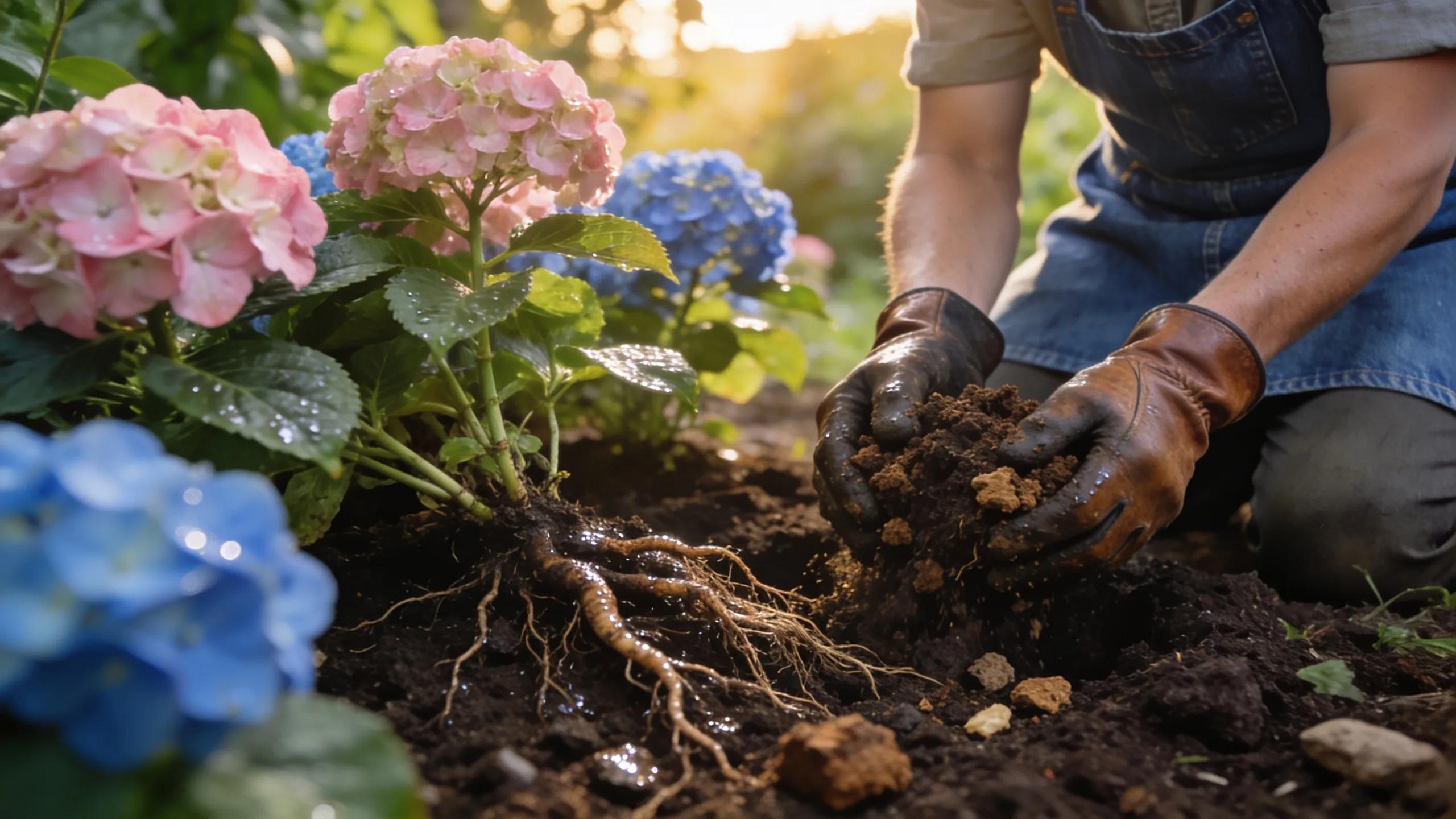 Gardener applying organic fertilizers to hydrangea soil, emphasizing the role of soil health in supporting growth
