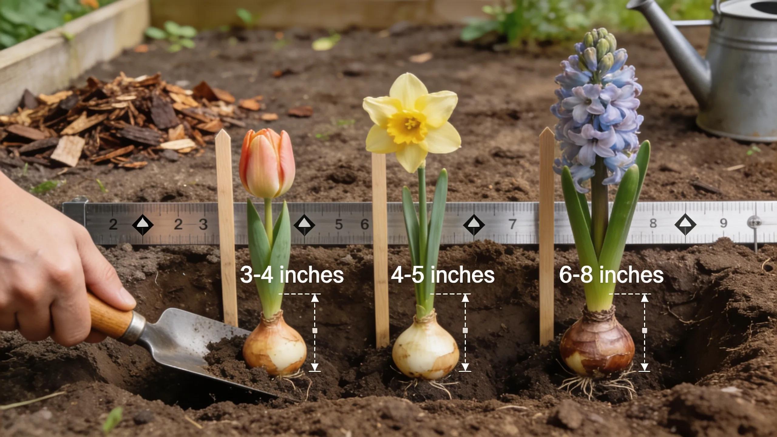 Gardener demonstrating proper depth and spacing for planting spring bulbs