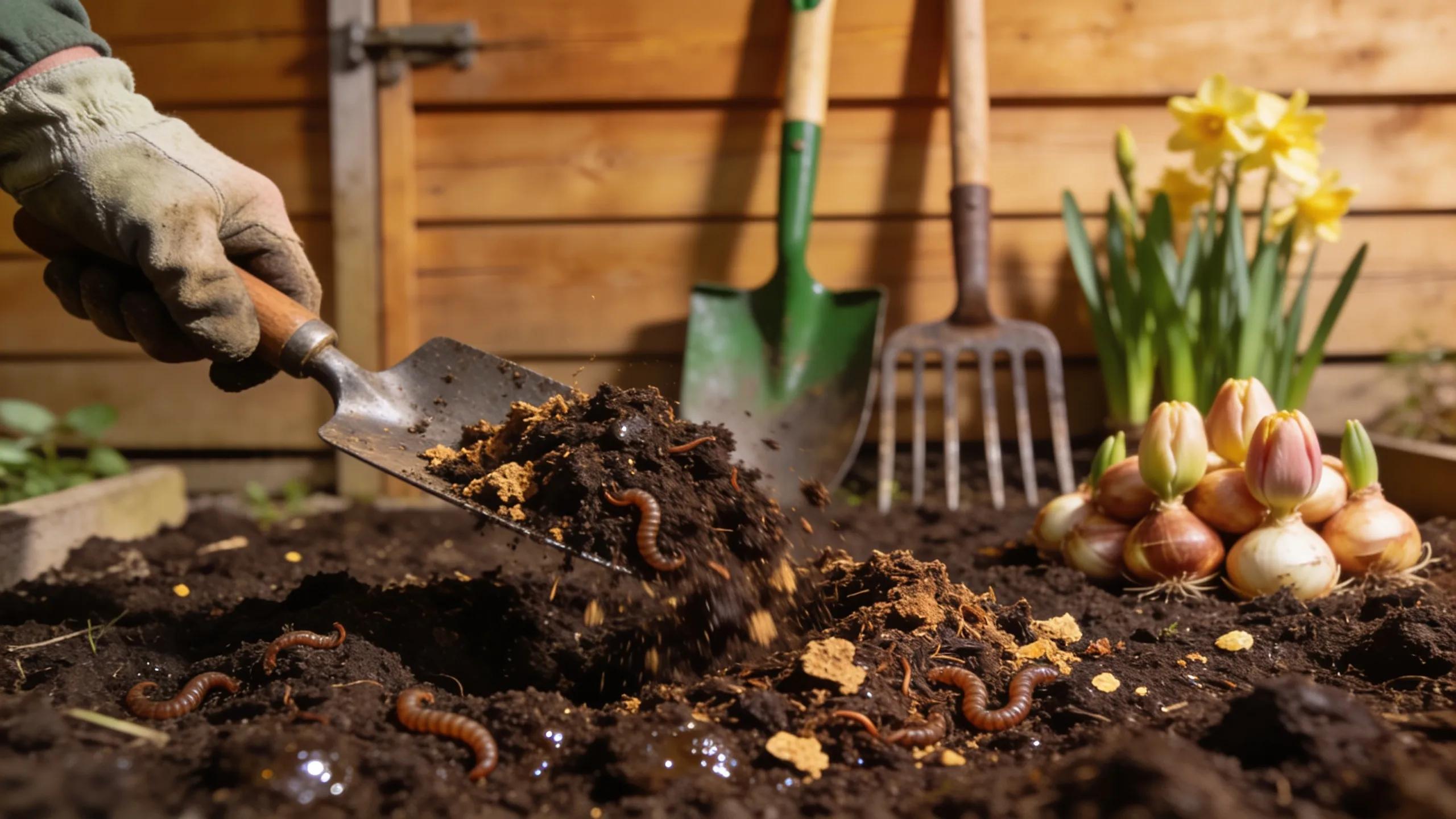 Gardener preparing soil with compost for planting spring bulbs