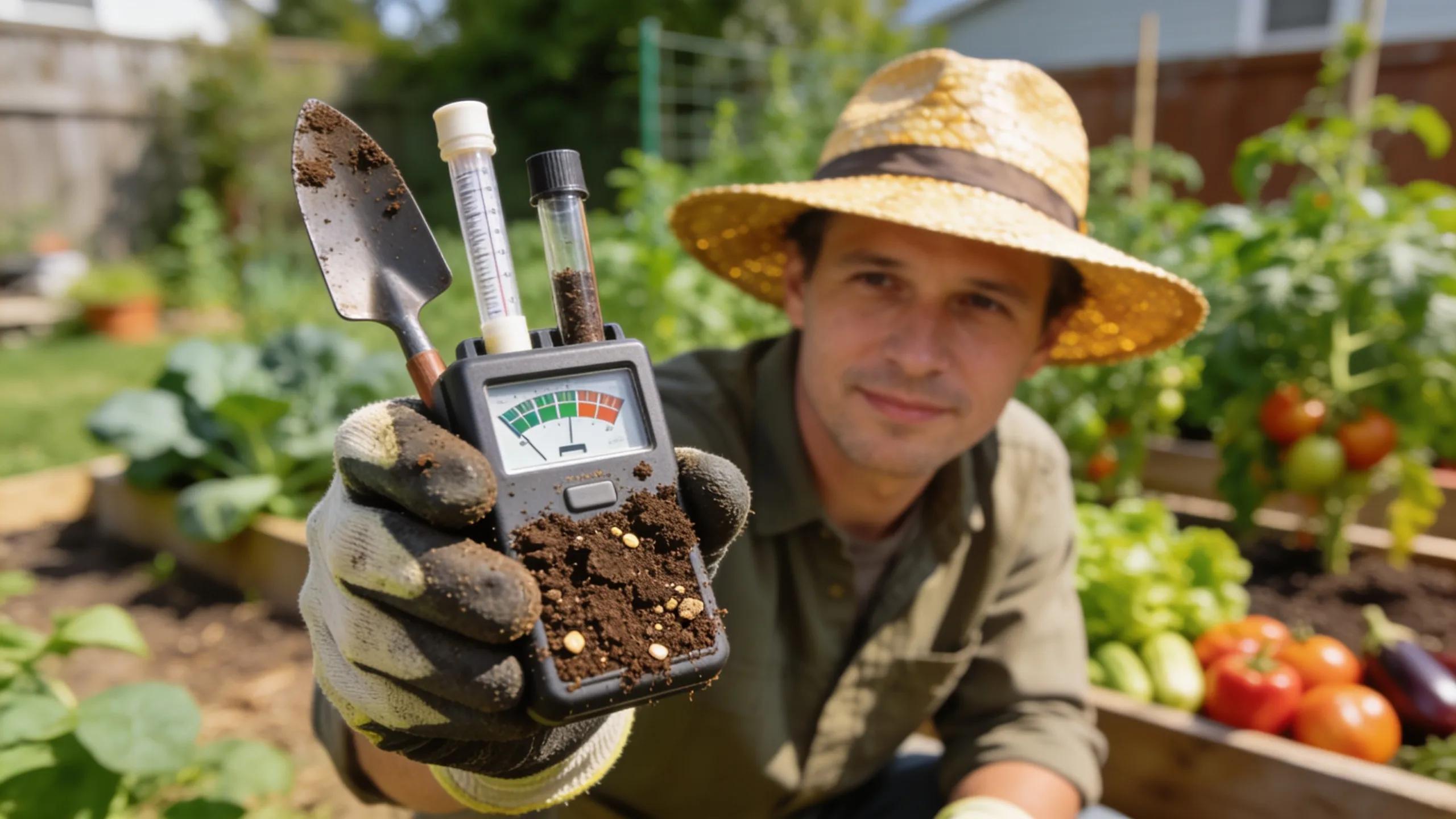 Gardener testing soil quality in a New Jersey vegetable garden