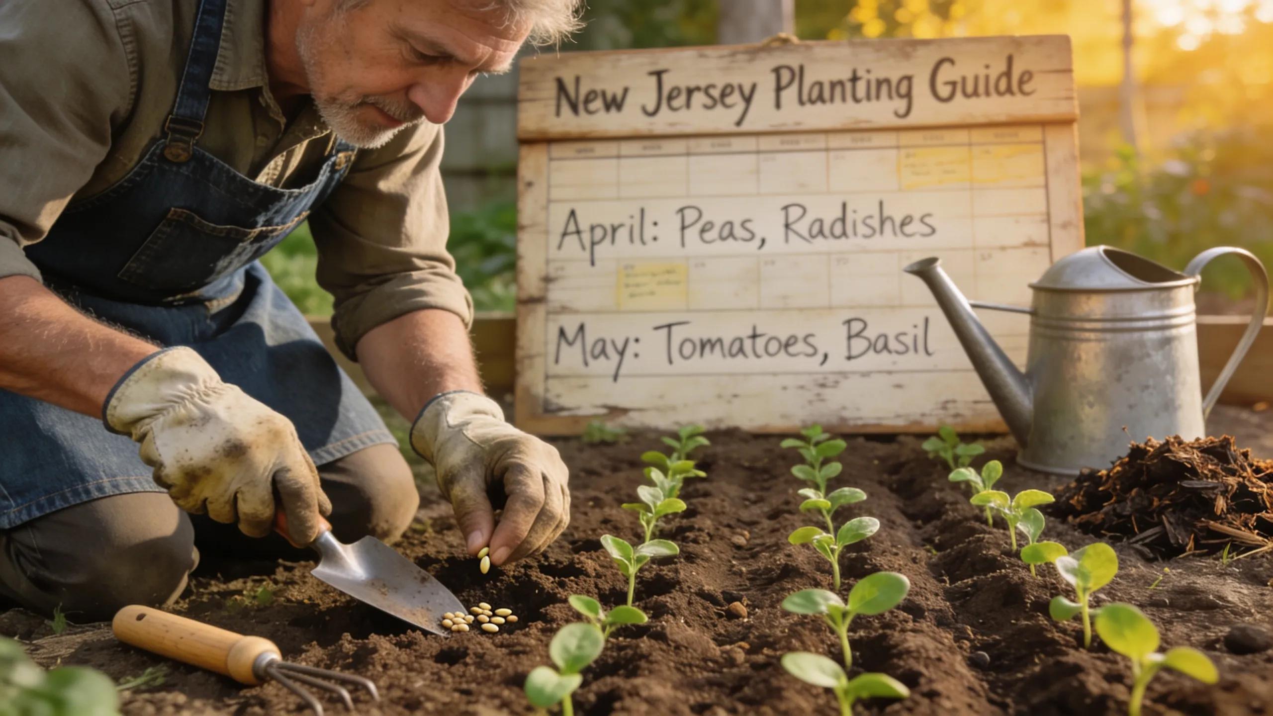 Gardener planting seeds with a seasonal calendar in a New Jersey garden