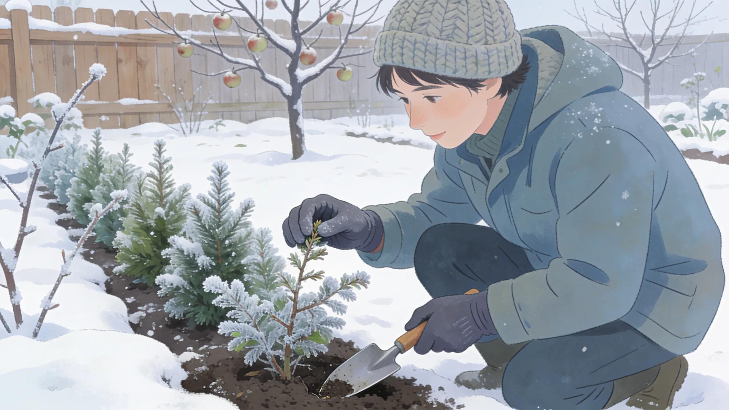 Gardener inspecting plants for winter care in a snowy garden