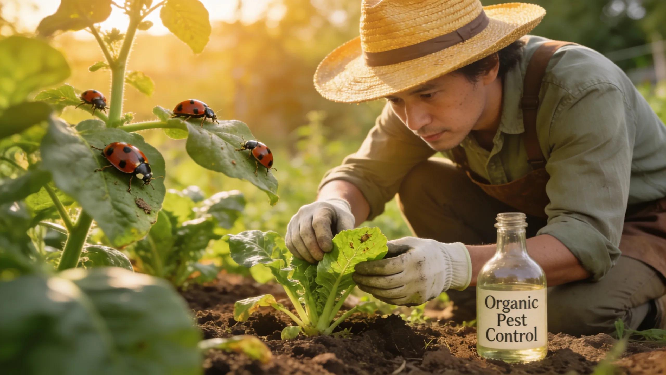 Gardener inspecting plants for pests in a New Jersey vegetable garden