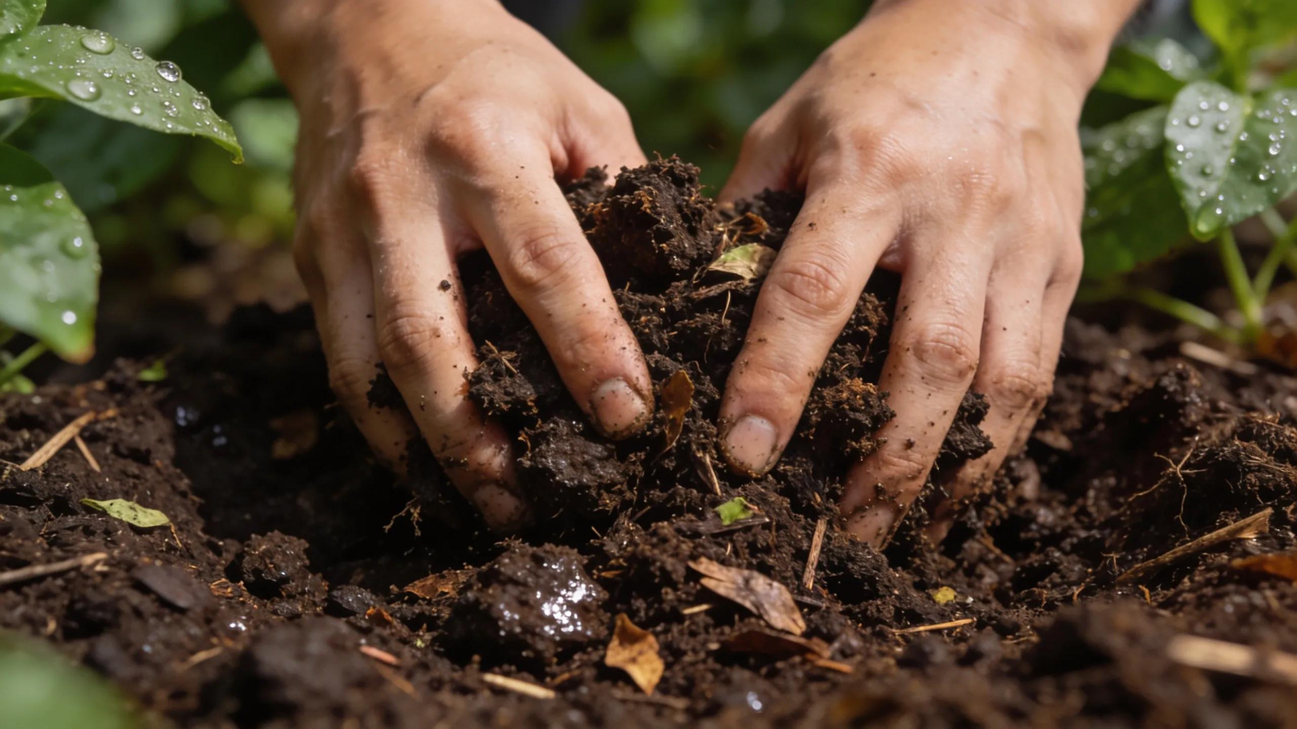 Gardener mixing compost into soil, demonstrating the application of organic amendments for soil enhancement