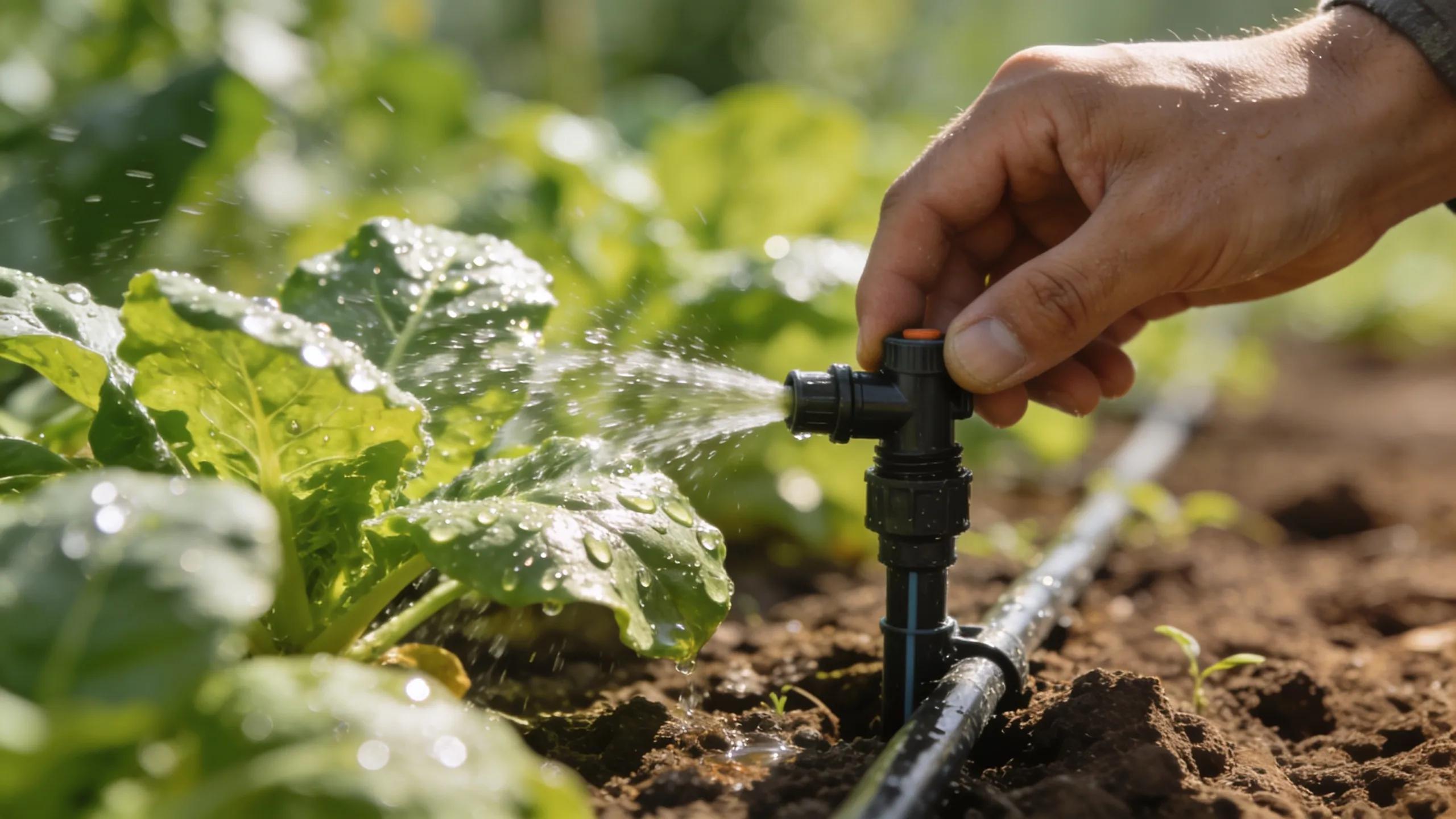 Gardener using drip irrigation to water summer vegetable garden