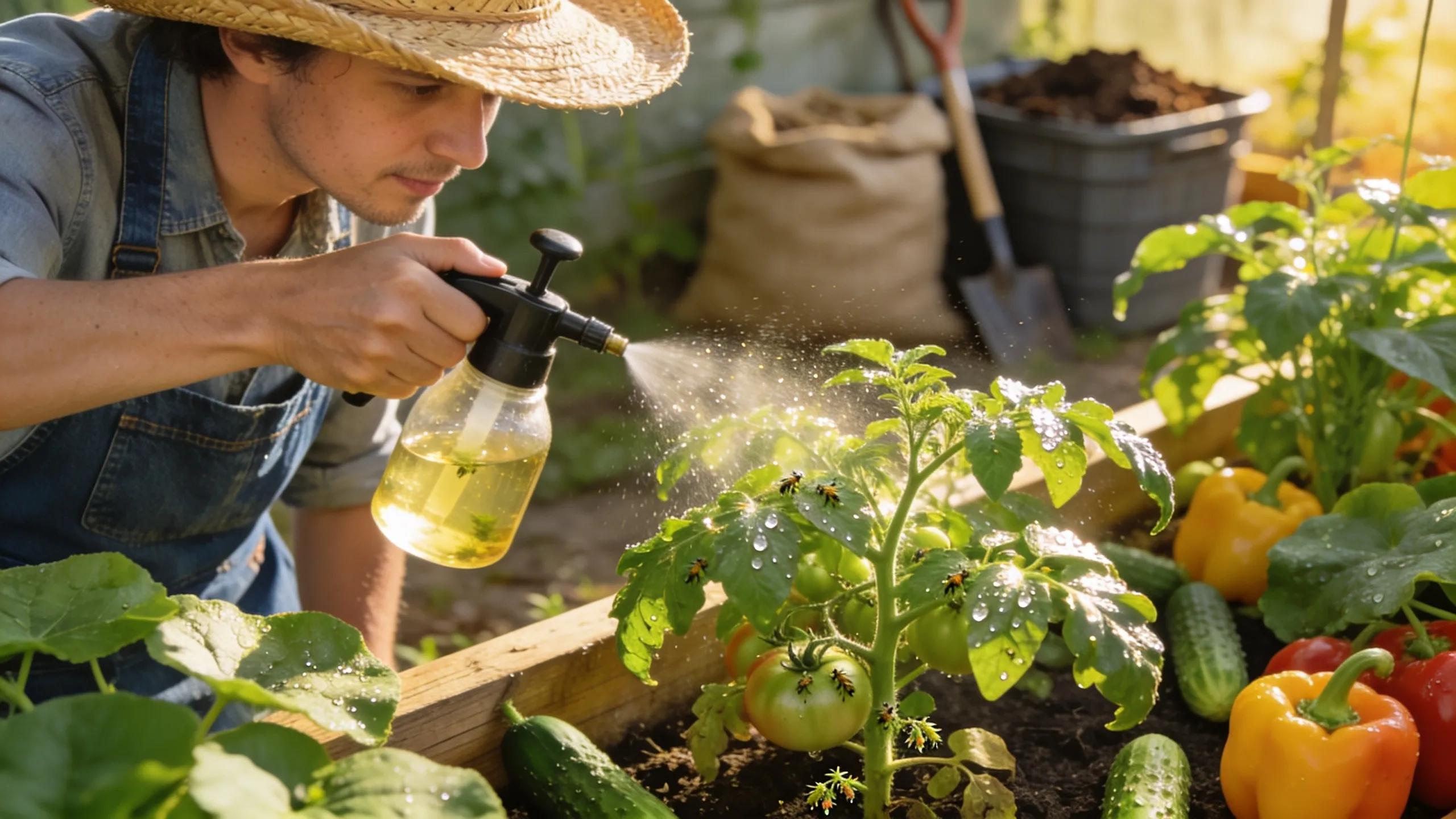 Gardener applying neem oil for organic pest control in vegetable garden
