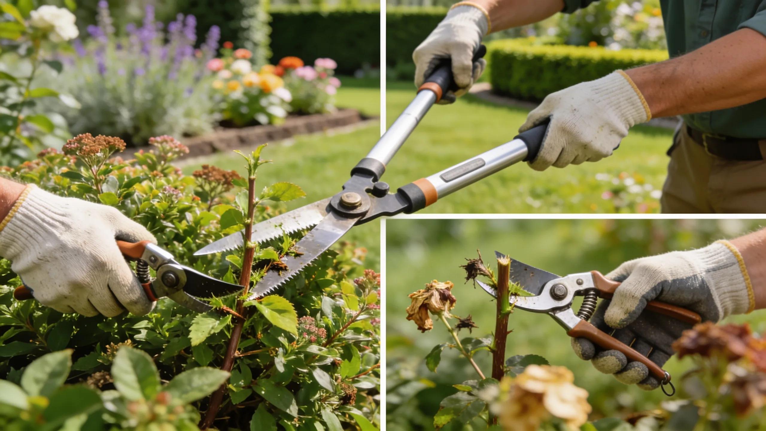 Gardener demonstrating effective cutting techniques on perennials with pruning tools