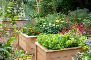 Lush raised garden beds filled with vibrant flowers and leafy greens, showcasing a well-organized and productive planting layout, emphasizing sustainable landscaping solutions.