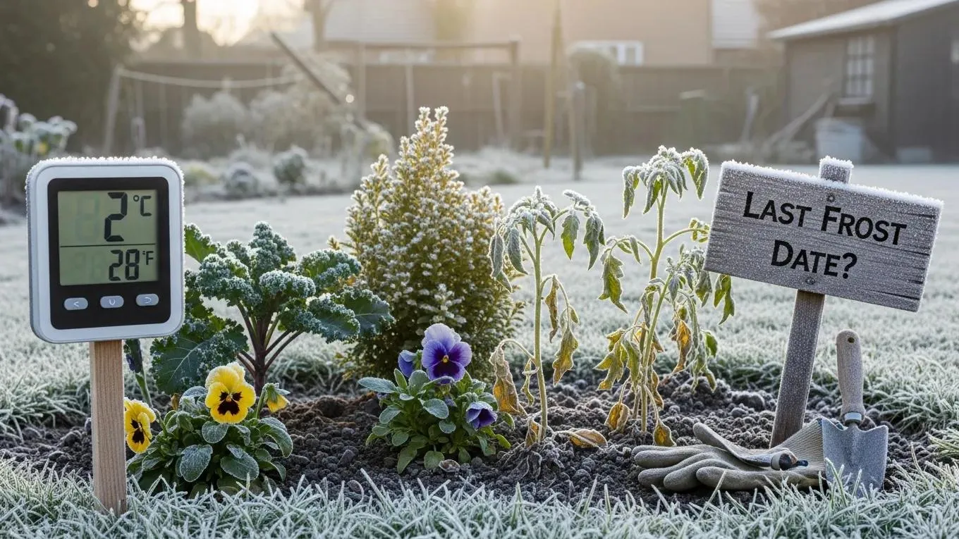 Garden covered in frost with thermometer, highlighting frost dates
