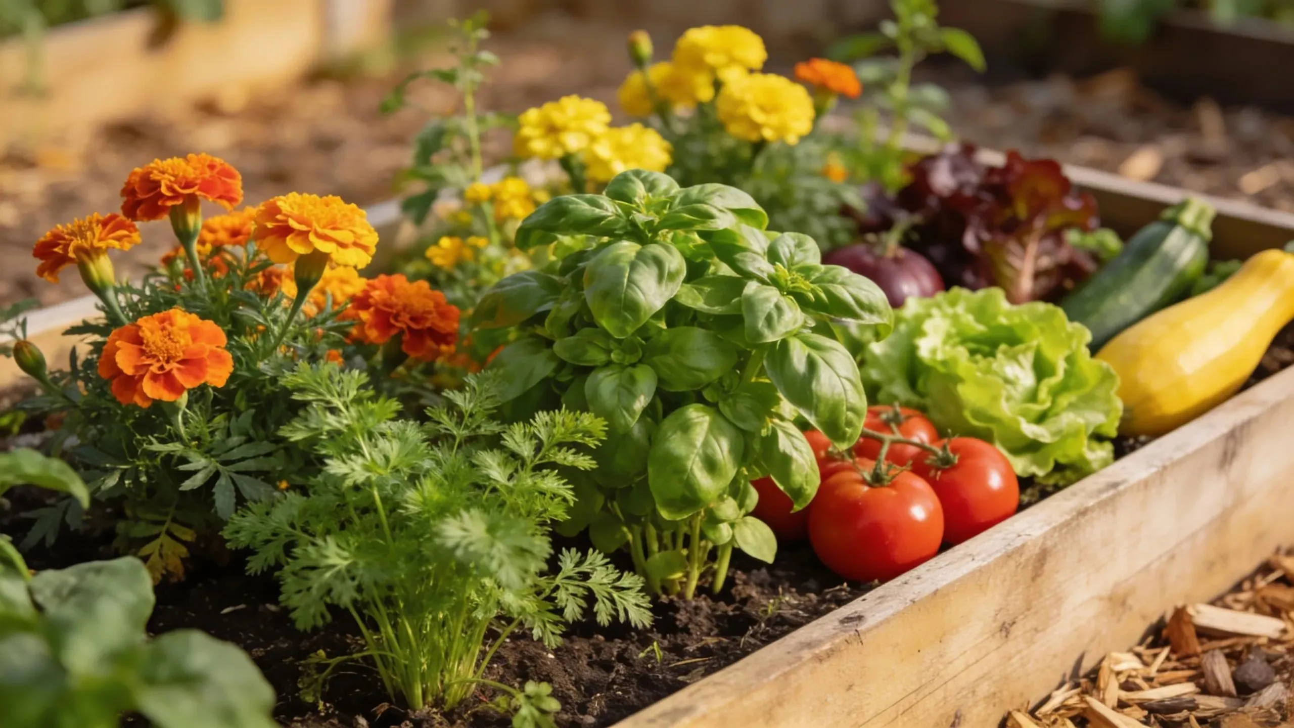 Artistic arrangement of companion plants like marigolds and basil in a garden