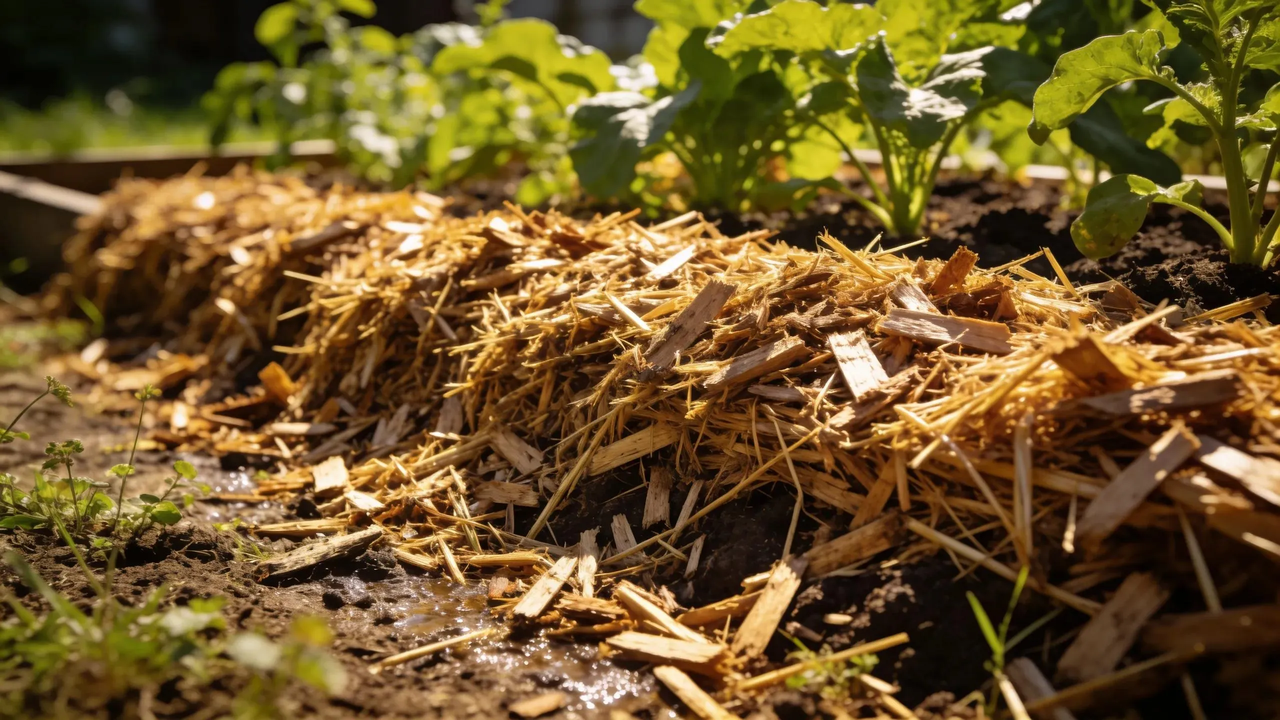 Garden bed with organic mulch covering soil, promoting plant health