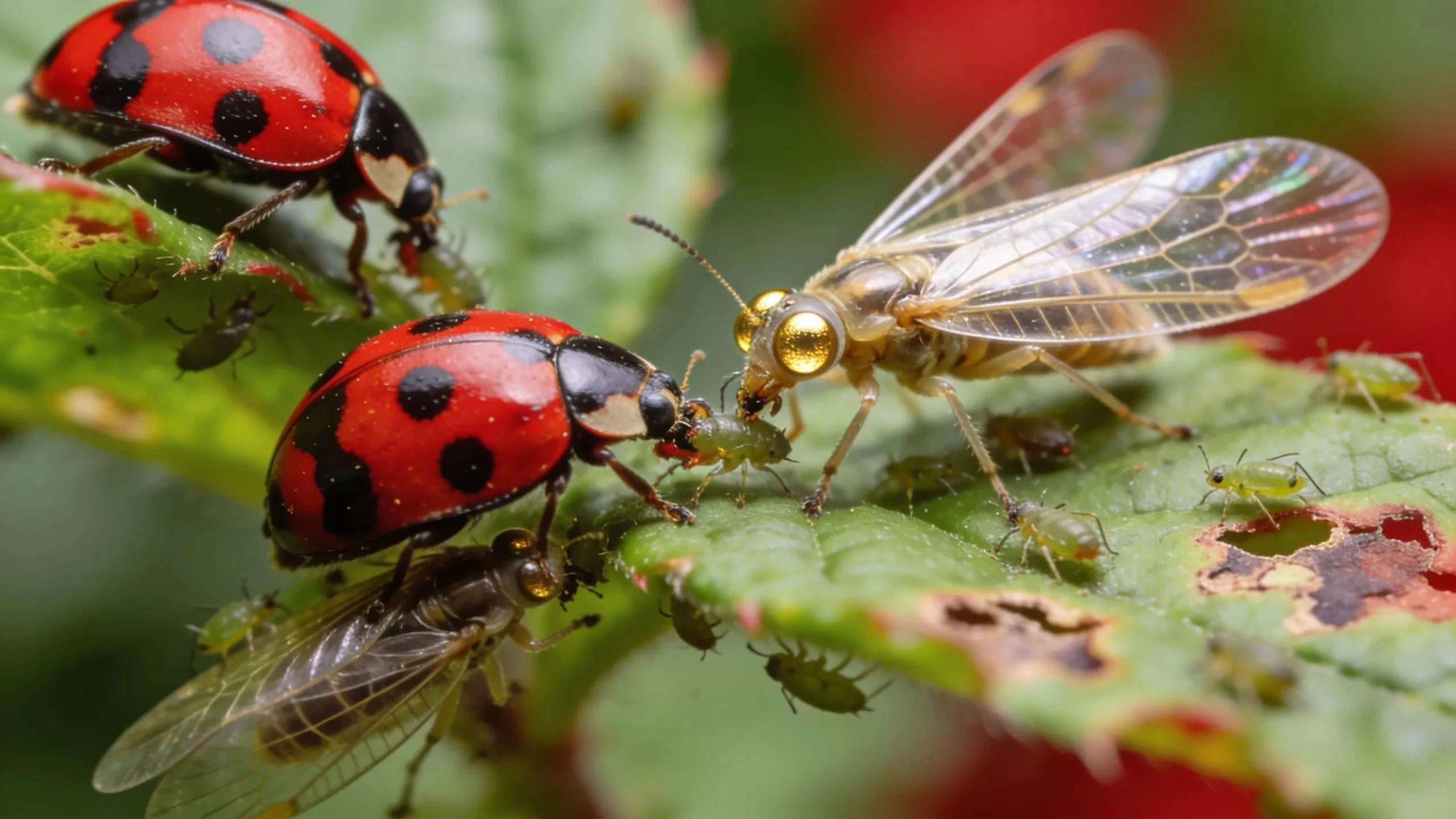 Close-up of beneficial insects like ladybugs and lacewings on plants