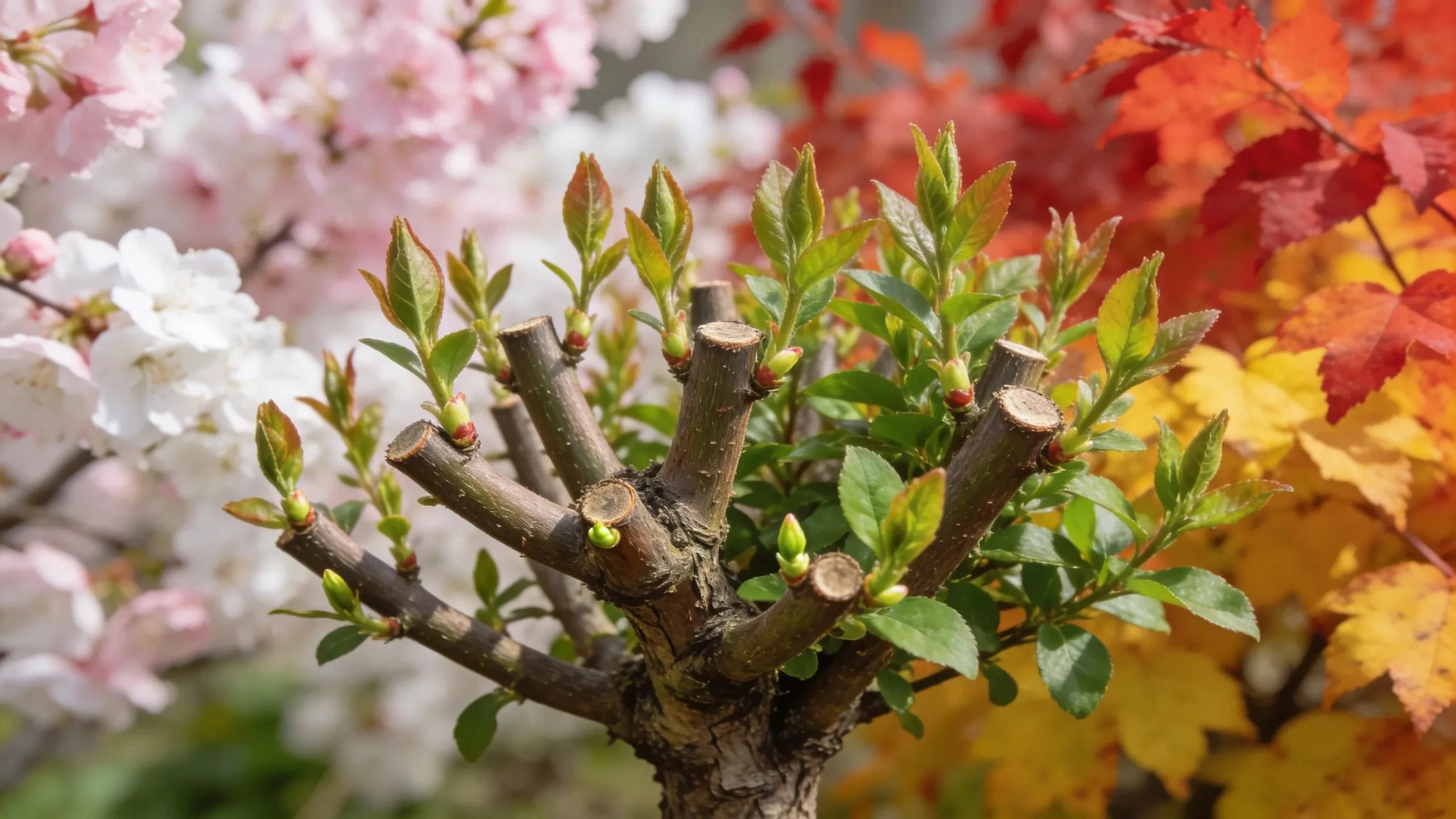 Close-up of a well-pruned shrub showing seasonal growth differences