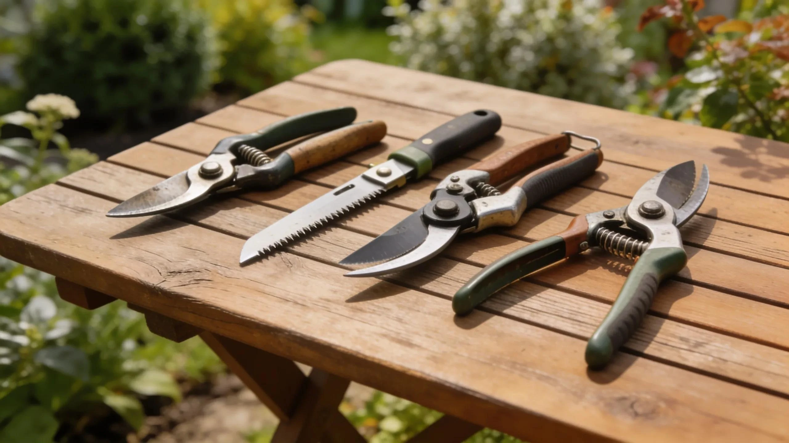 Display of pruning tools on a garden table with shrubs in the background