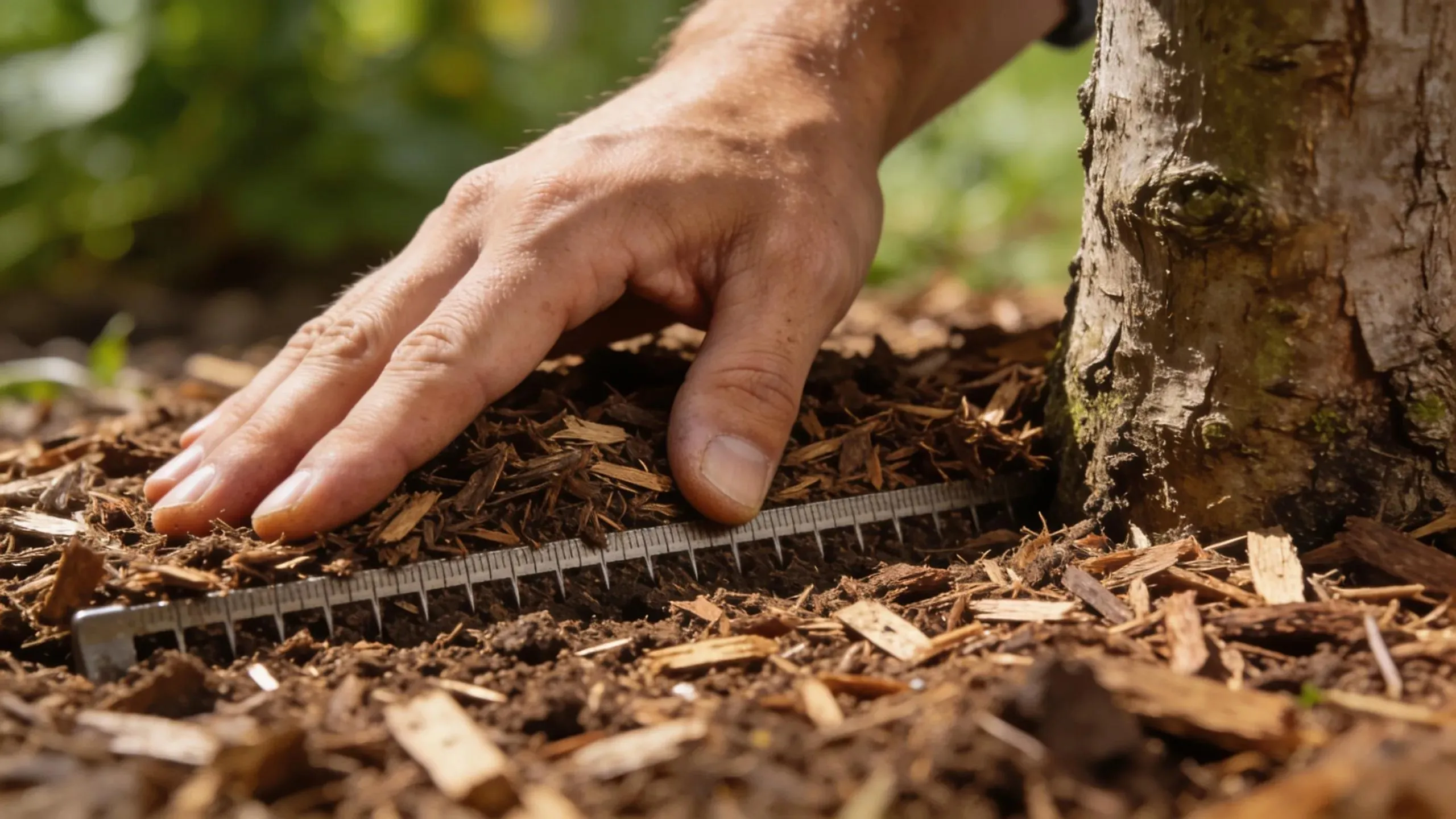 Gardener inspecting mulch depth and quality around a tree for best maintenance practices
