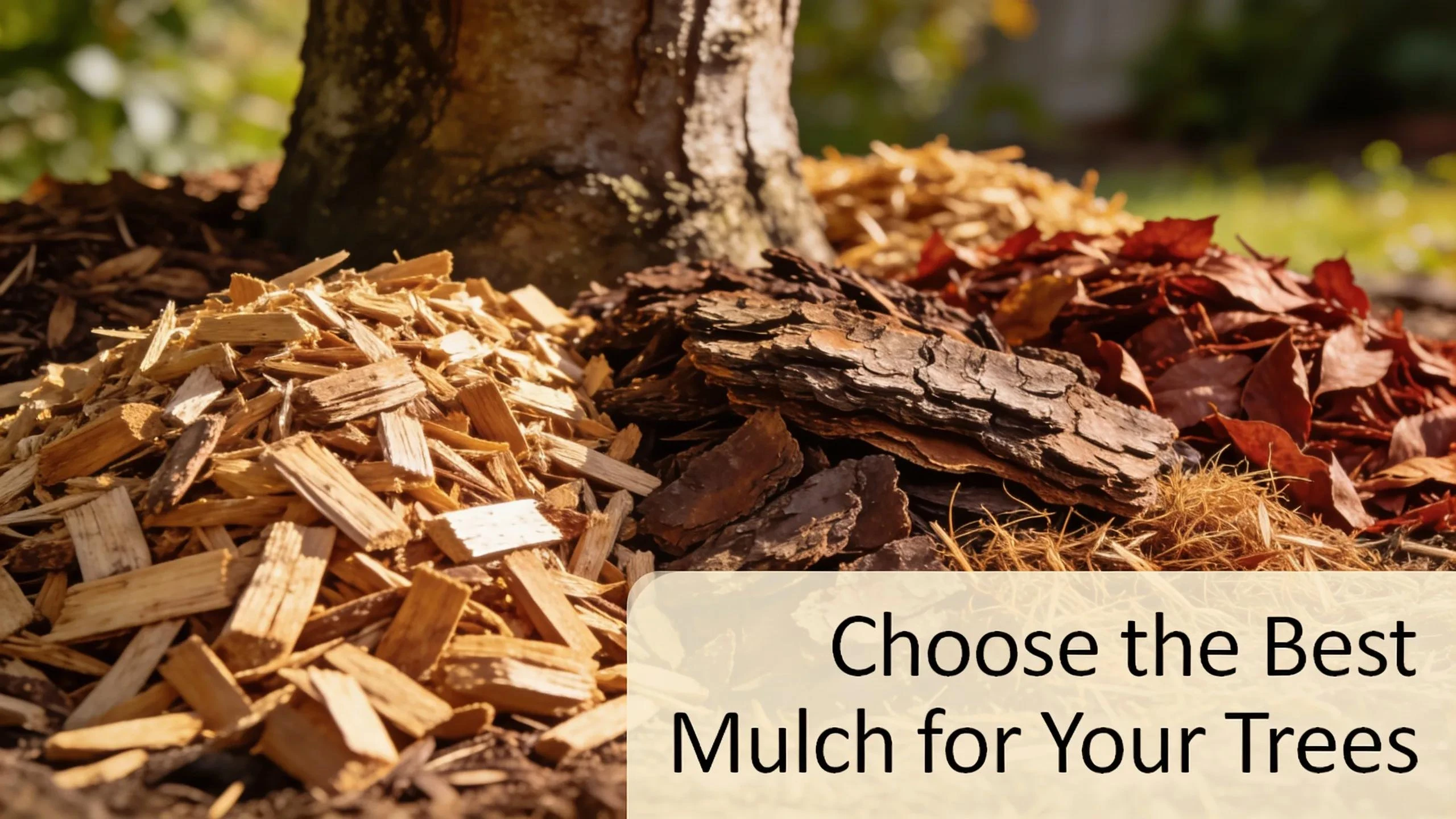 Organic mulch materials including wood chips, bark, and shredded leaves for healthy trees