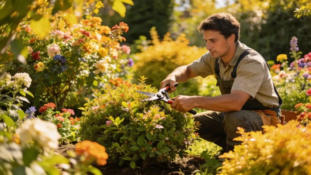 Healthy shrubs being pruned in a vibrant garden setting