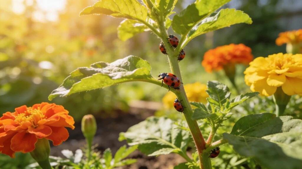 Vibrant garden with healthy plants and natural pest control elements