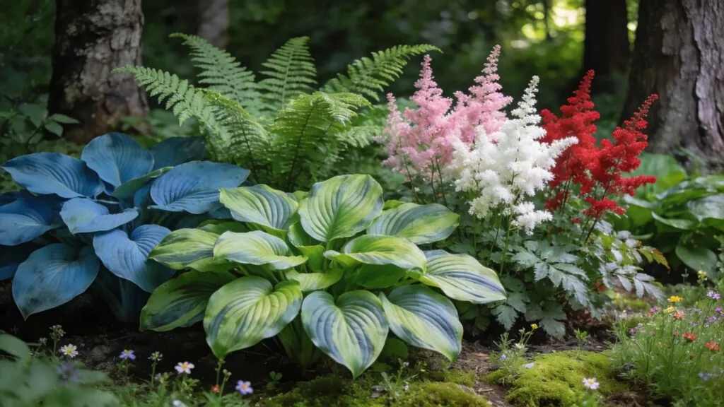 Lush shade garden featuring hostas, ferns, and astilbe in a serene environment