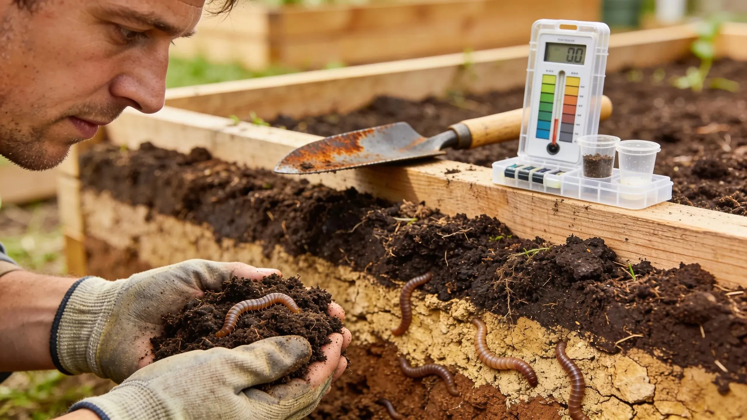 Close-up of healthy soil with organic matter and earthworms, highlighting key soil health indicators for garden bed redesign