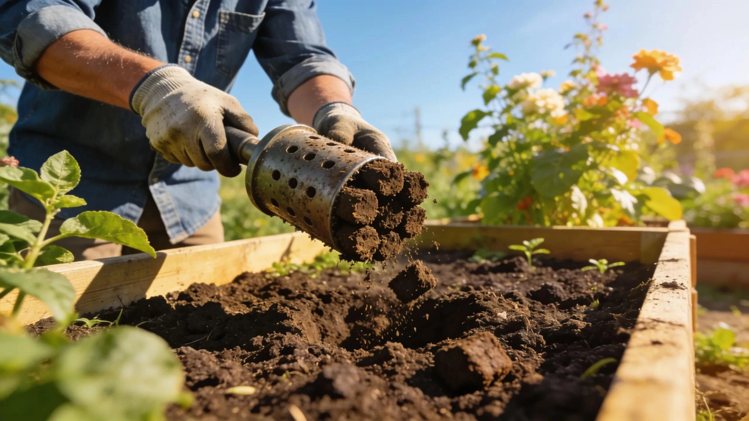 Gardener using a core aerator in a raised garden bed, illustrating techniques for improving soil drainage and aeration