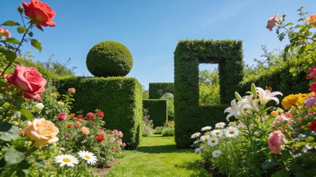 Neatly trimmed hedges in a colorful garden, emphasizing the importance of hedge maintenance