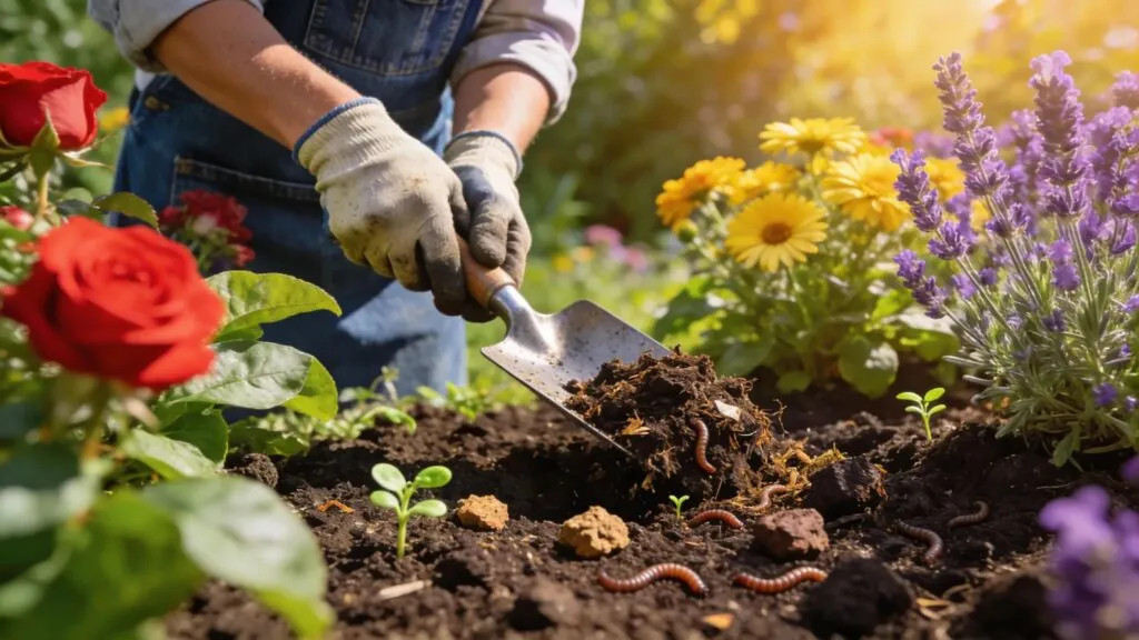 Vibrant garden with healthy plants and rich soil, illustrating the importance of soil improvement techniques