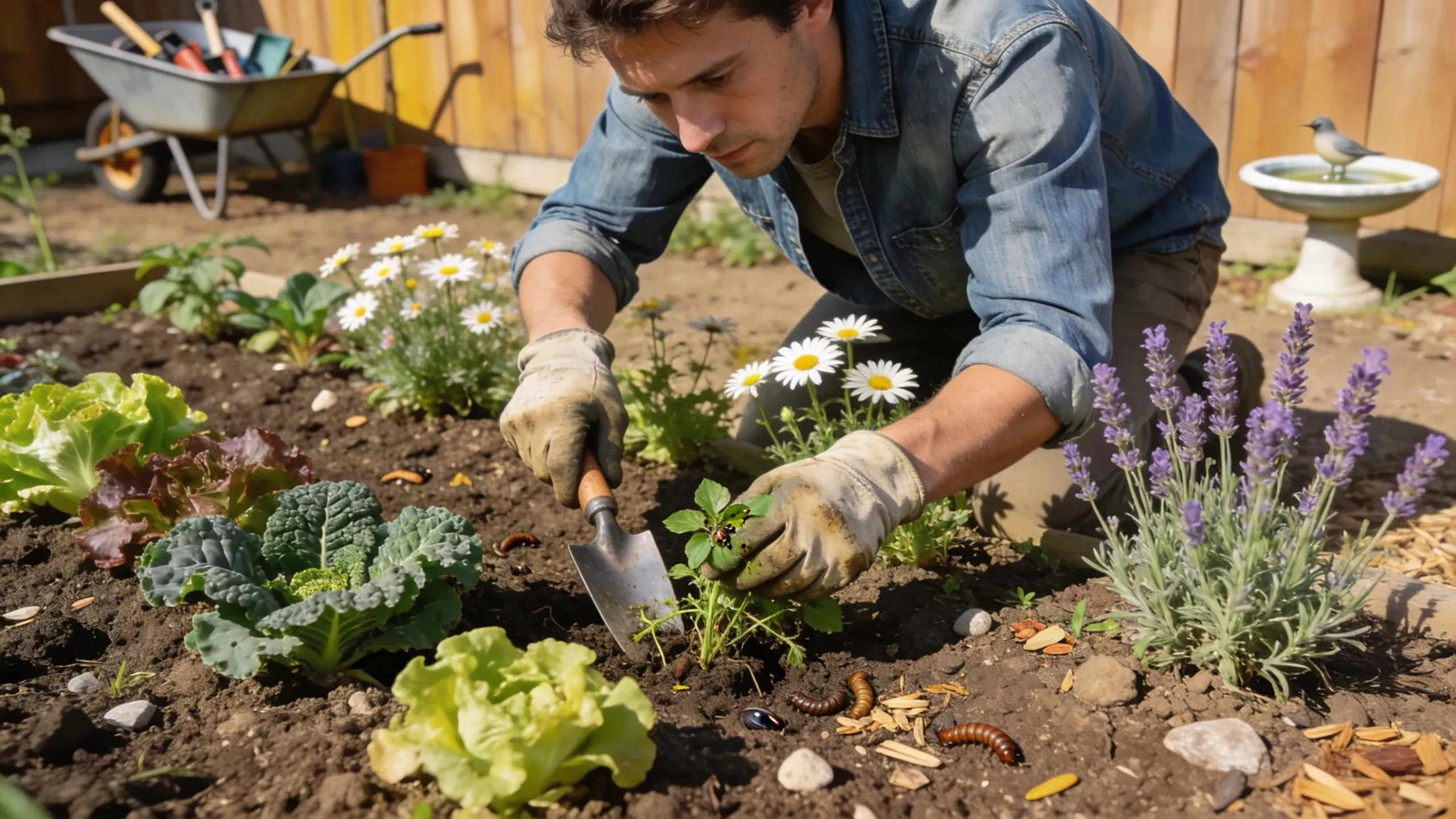 Gardener weeding and inspecting an in-ground garden with various plants