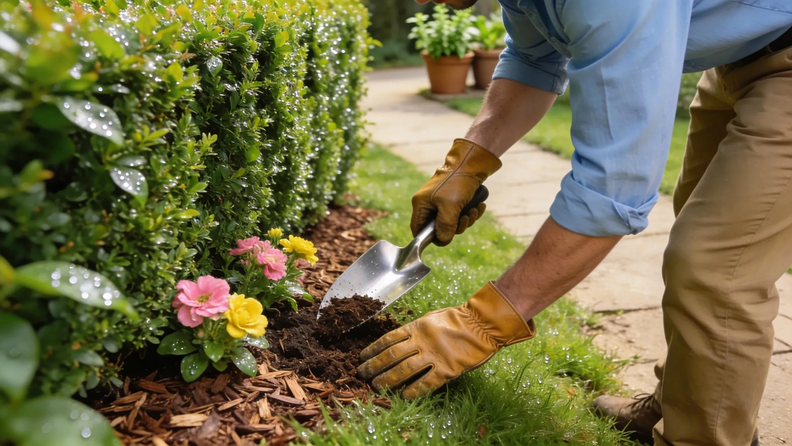 Gardener applying mulch around healthy hedges, illustrating year-round hedge maintenance practices