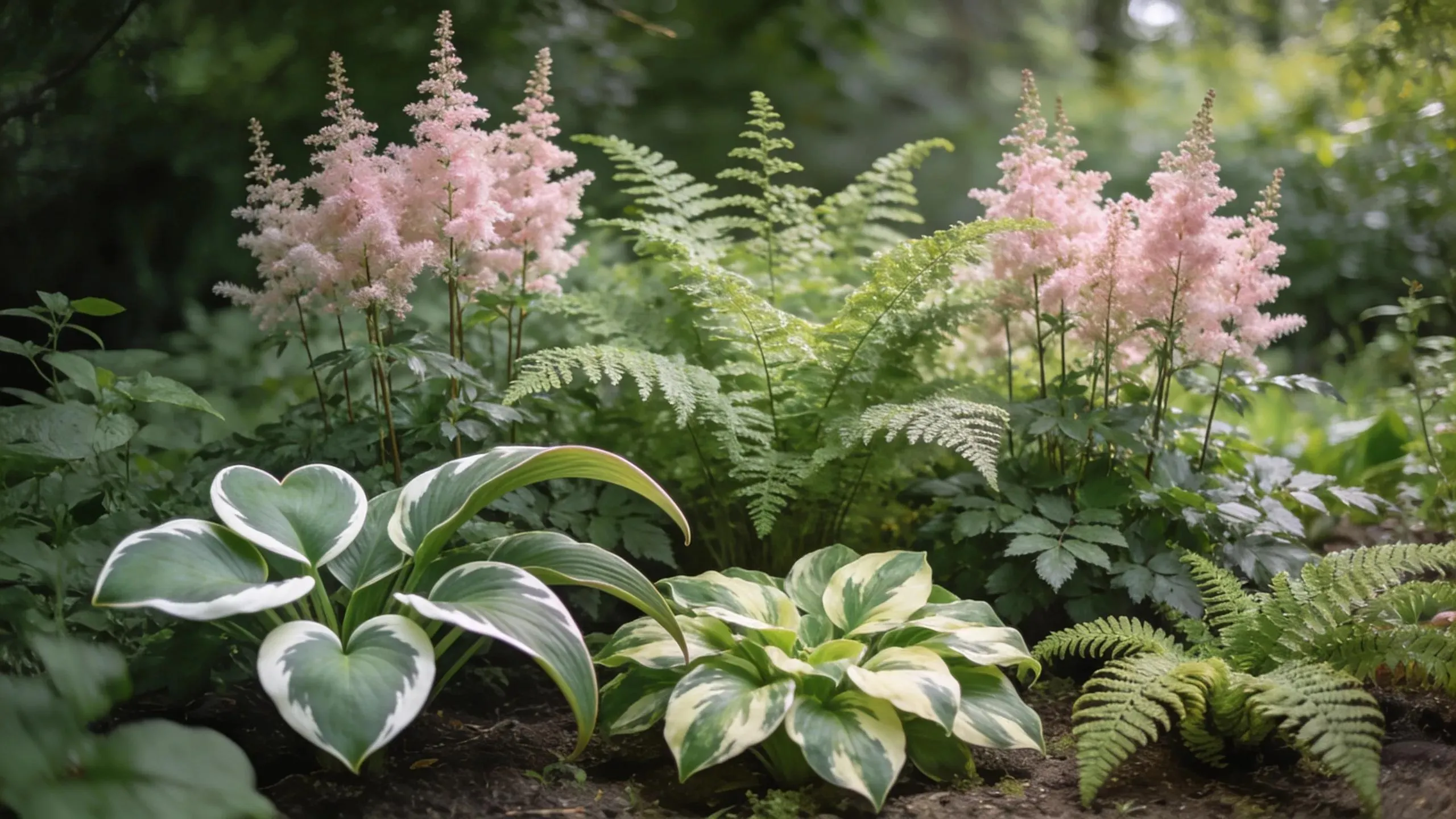 Layered design of a shade garden with astilbe and hostas
