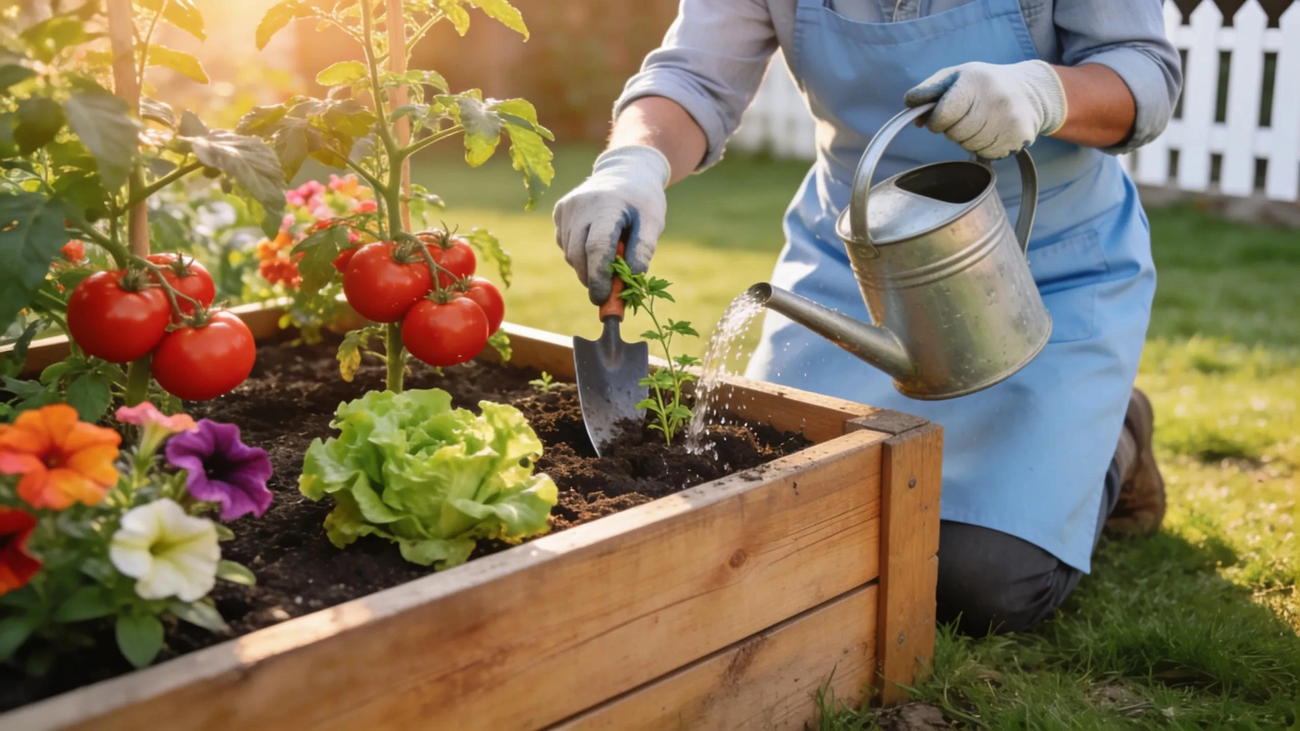 Gardener tending to a raised garden bed with healthy plants and flowers