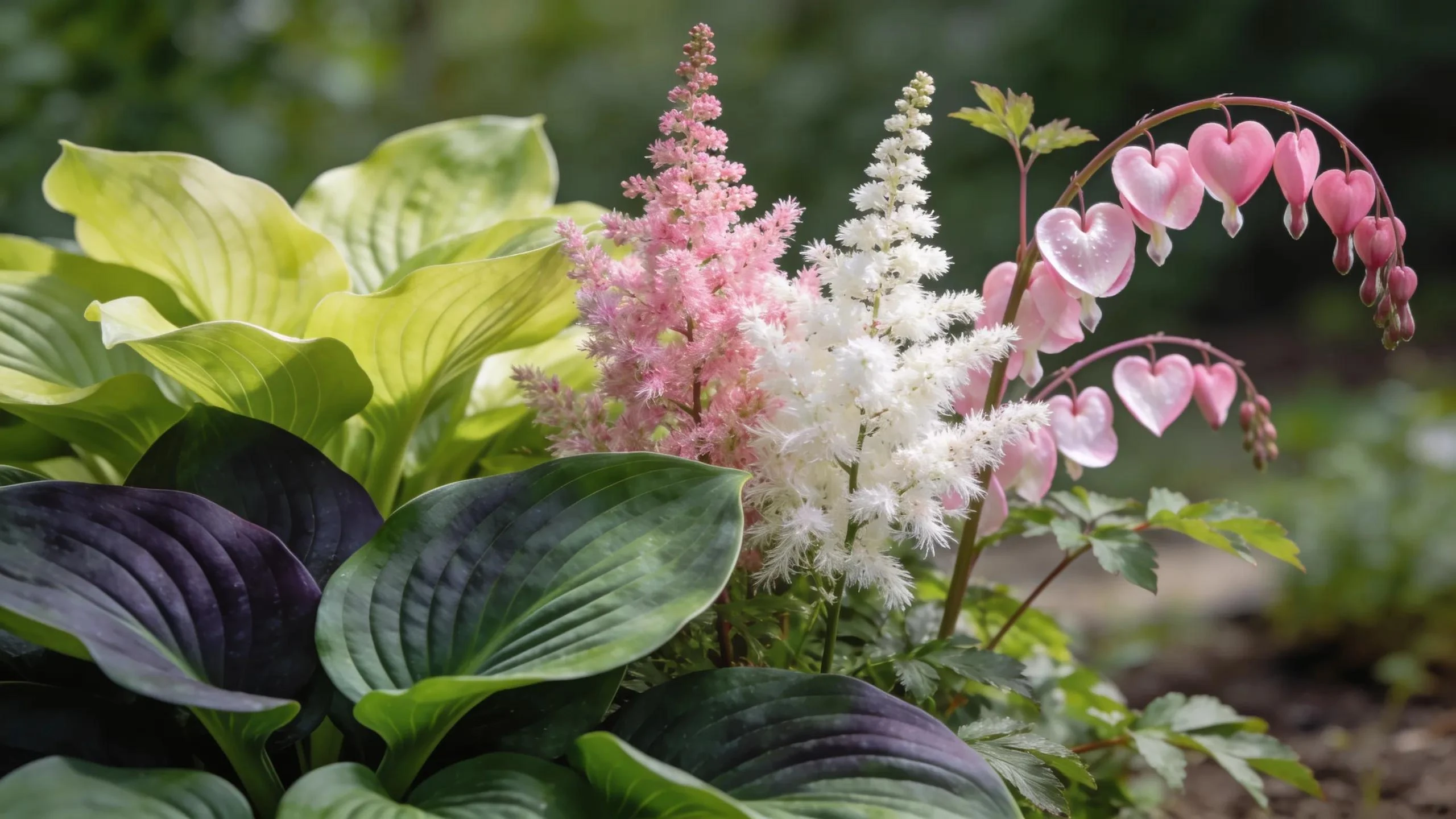 Close-up of hostas, astilbe, and bleeding heart in a shade garden