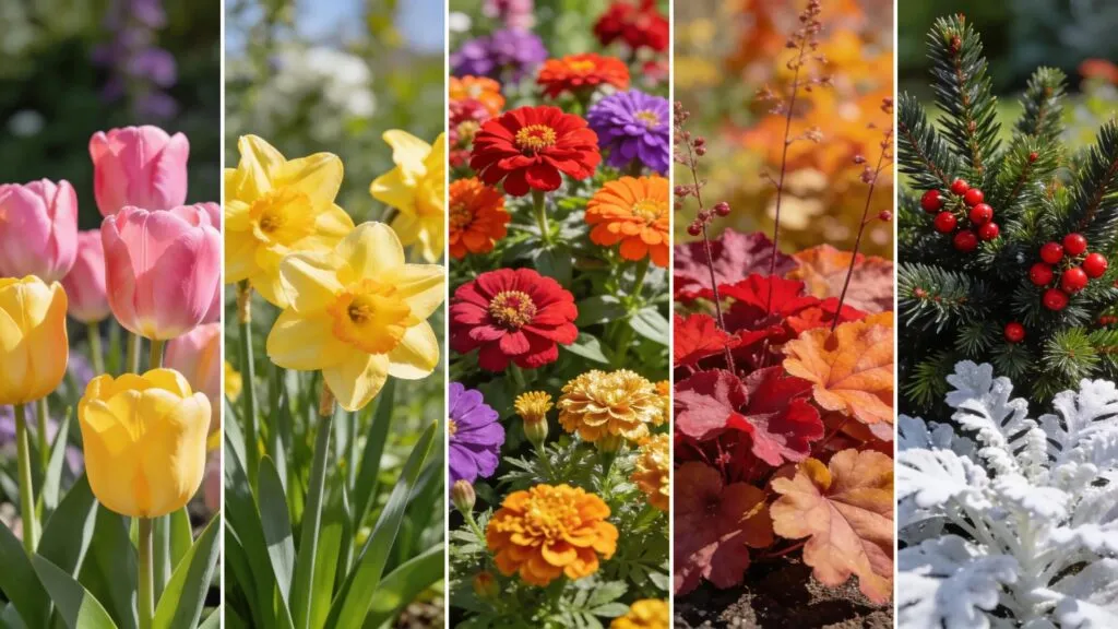 Colorful seasonal garden with spring flowers, summer blooms, autumn foliage, and winter evergreens