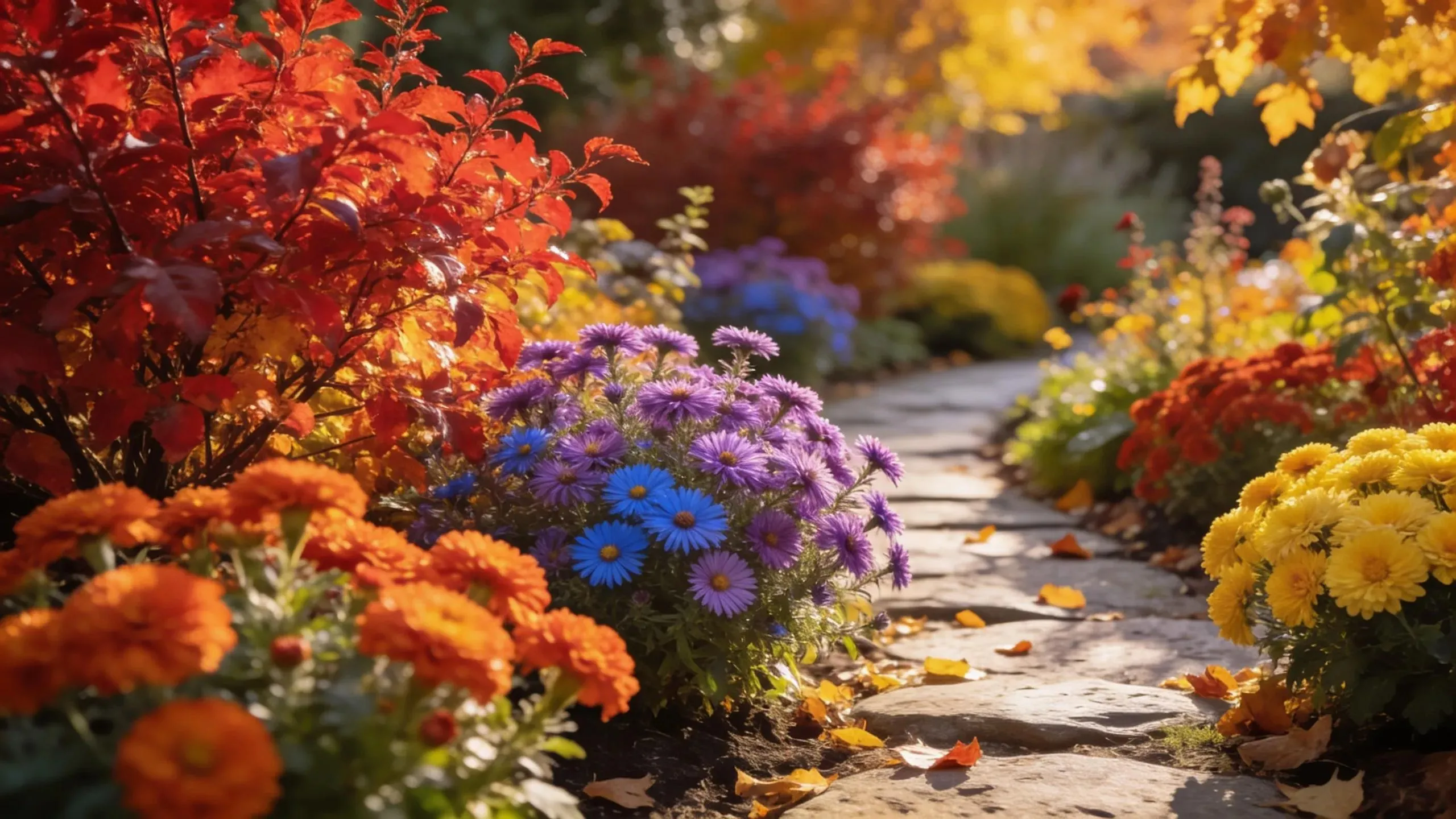 Fall garden scene with colorful shrubs and perennials showcasing autumn hues