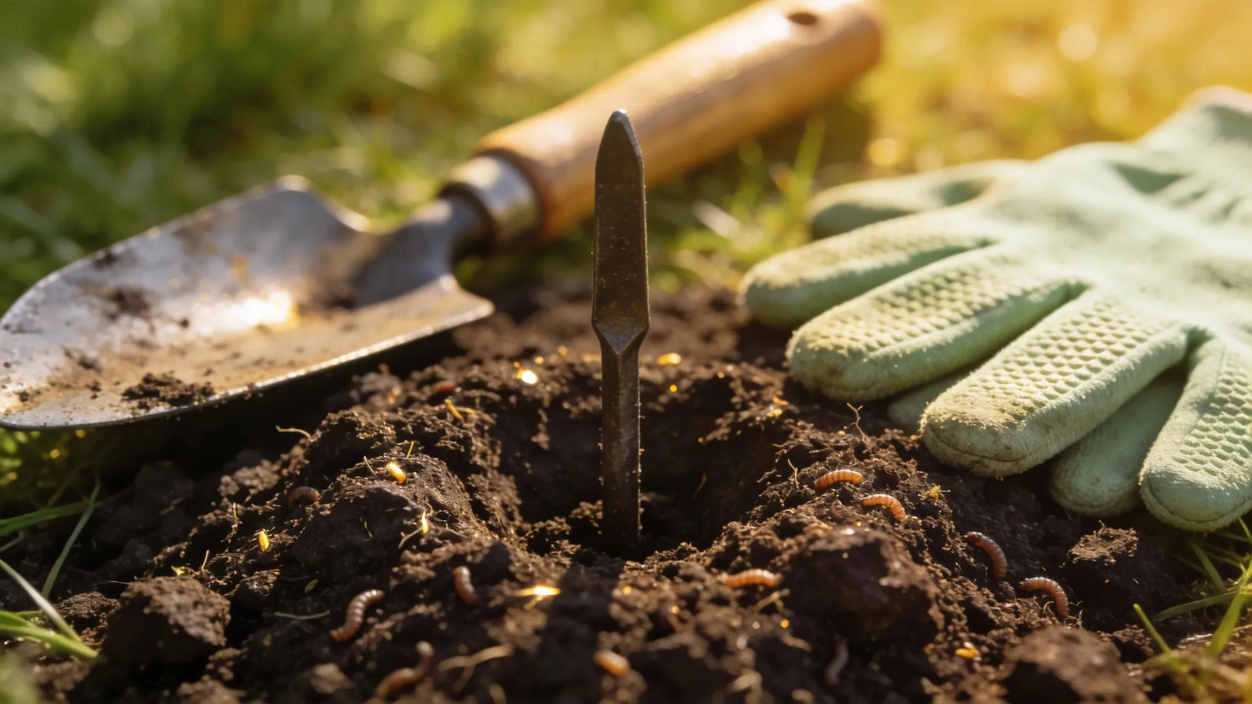Close-up of healthy soil being tested with gardening tools