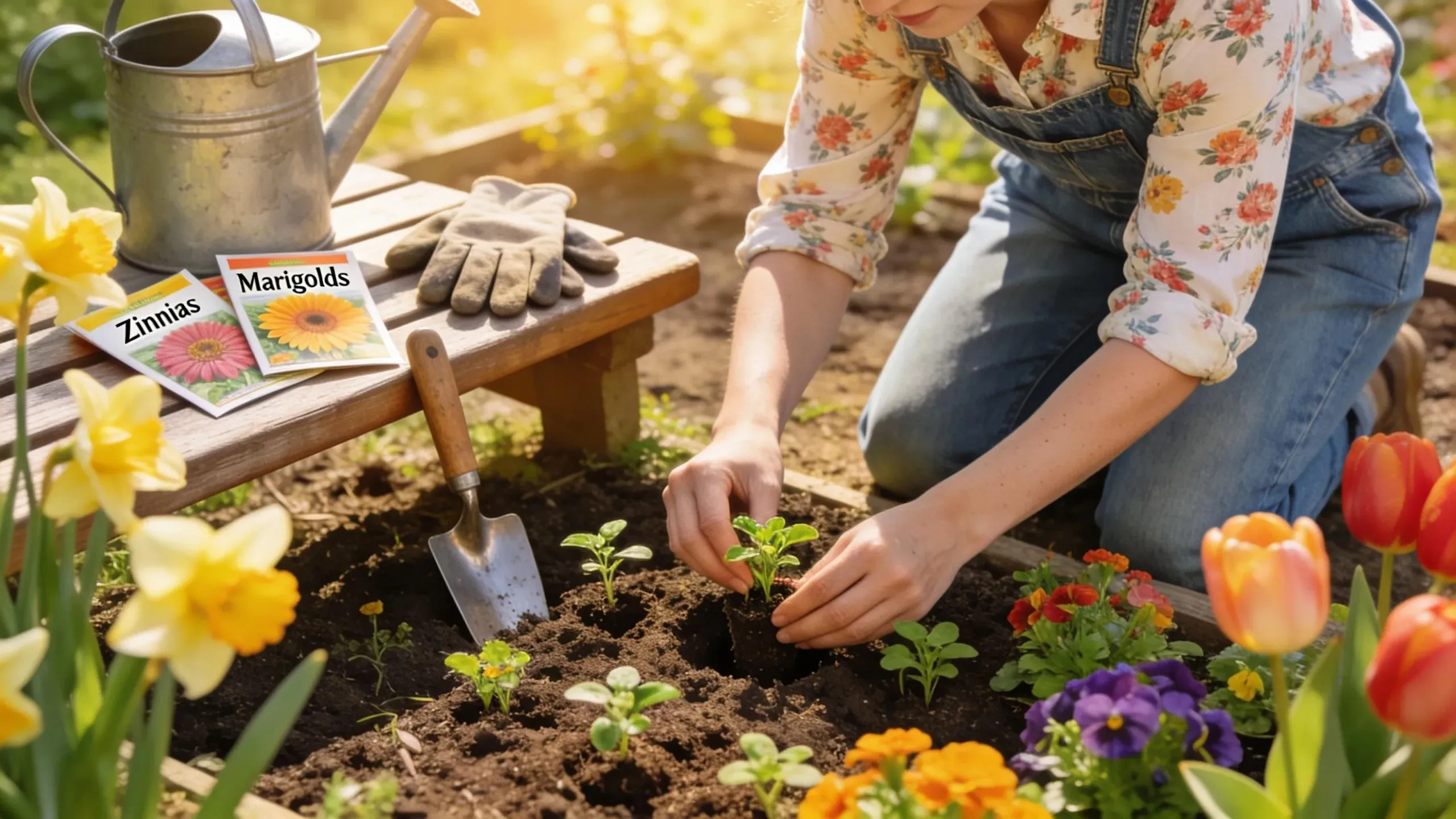 Gardener planting annuals with seed packets in a sunny garden