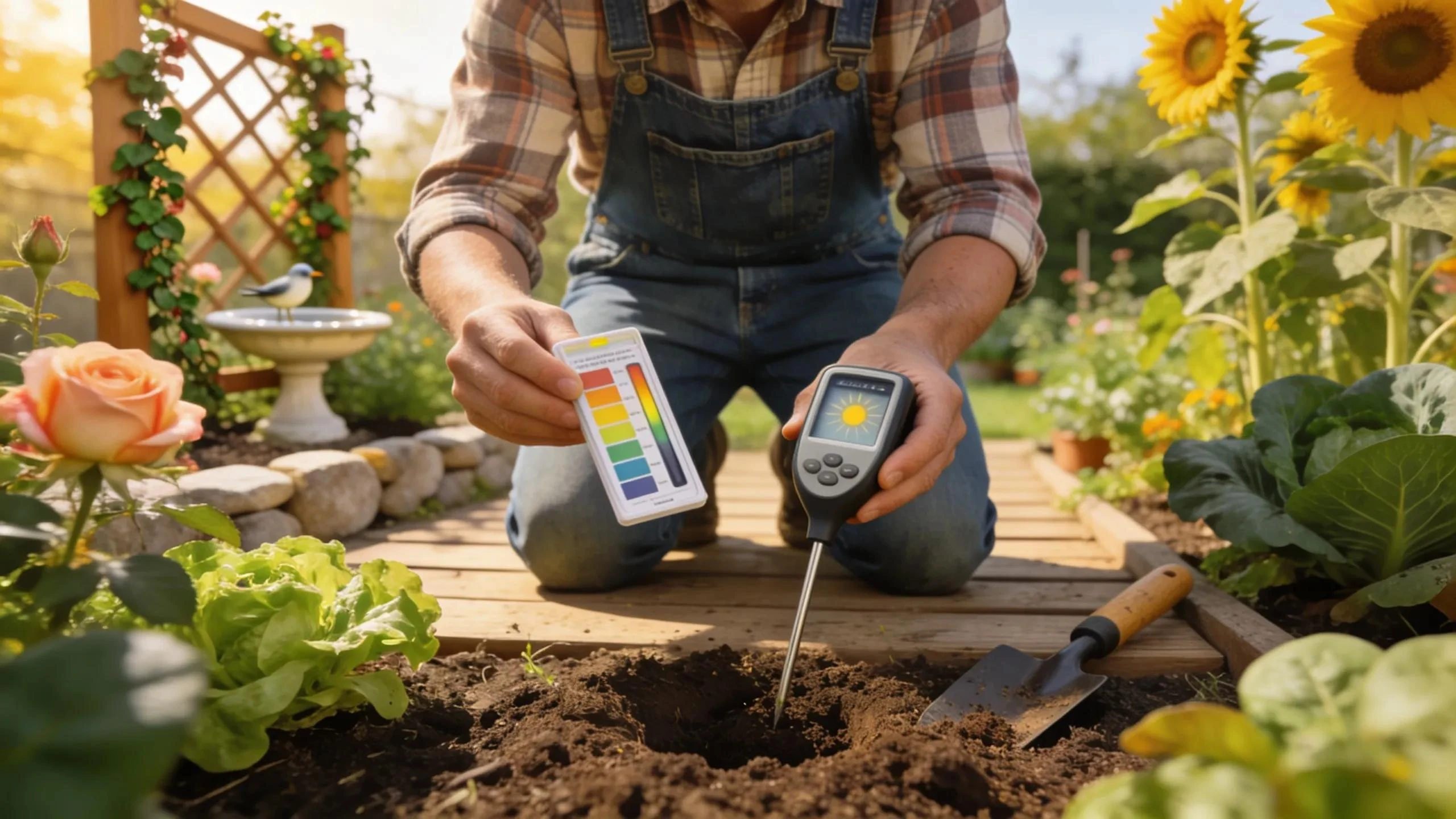 Gardener analyzing soil quality and sunlight exposure in a garden setting