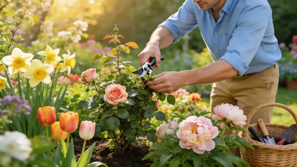 Vibrant garden with blooming perennials and a gardener pruning plants in spring