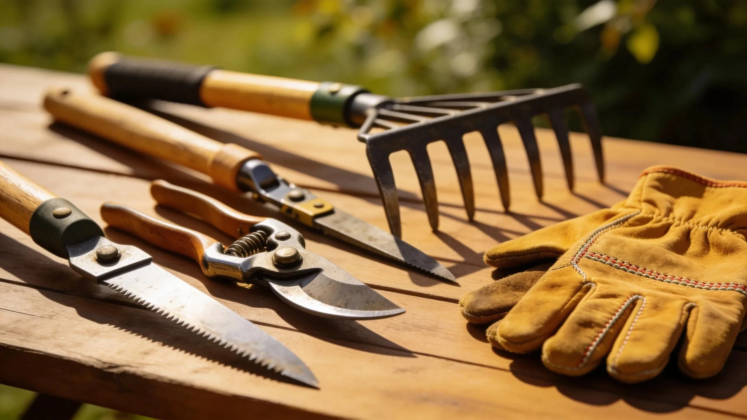 Essential yard cleanup tools including pruning shears and rakes